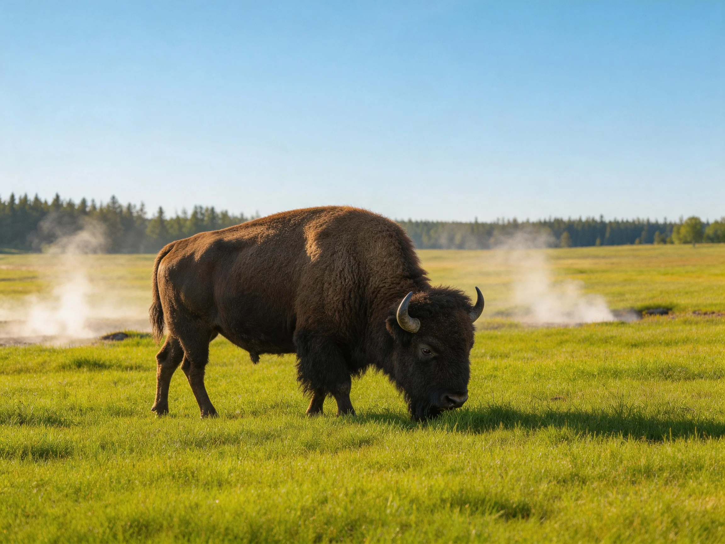 A robust brown bison grazing near steaming geysers in a green meadow