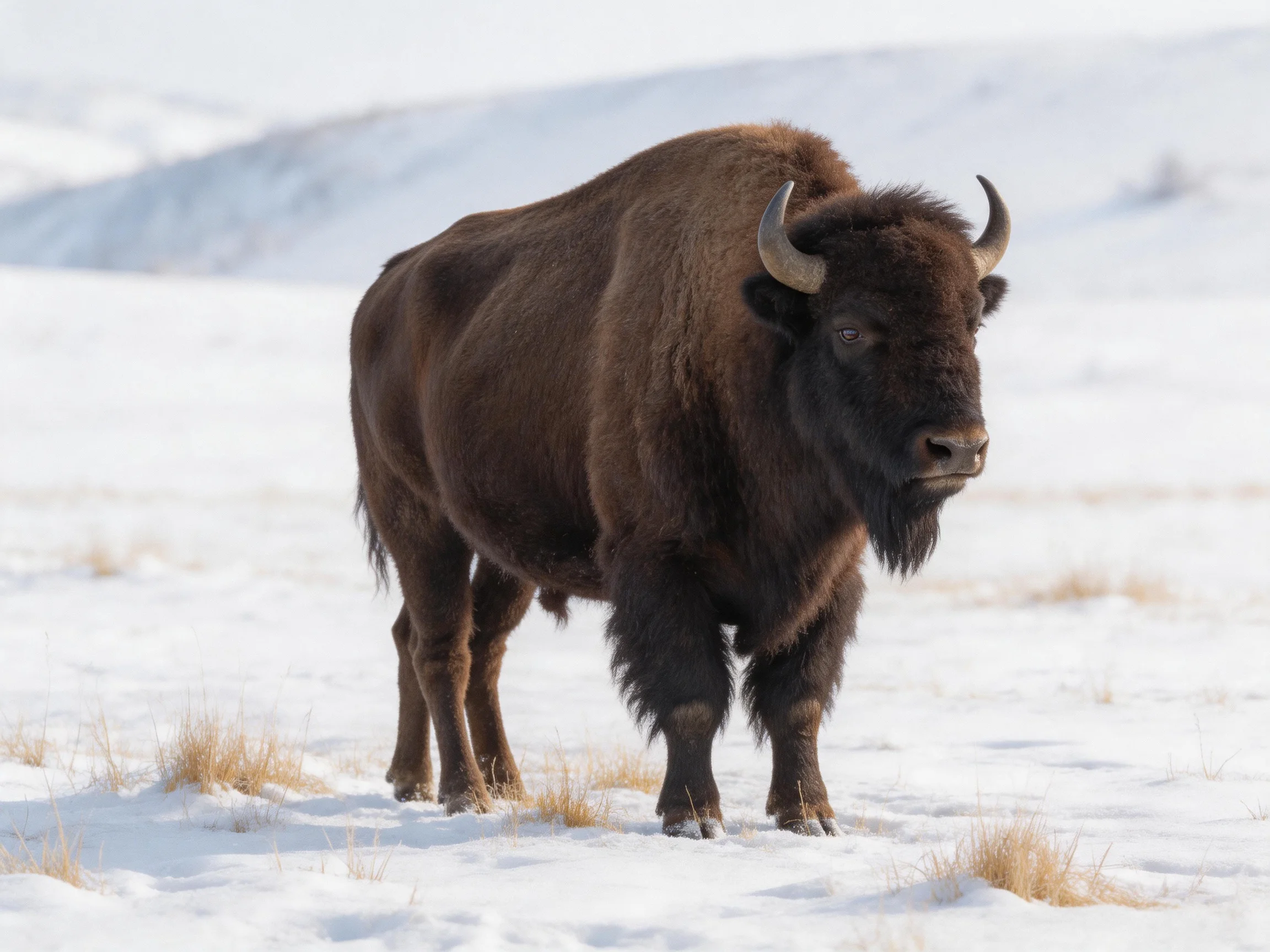 A robust brown bison in a snow-laden open field
