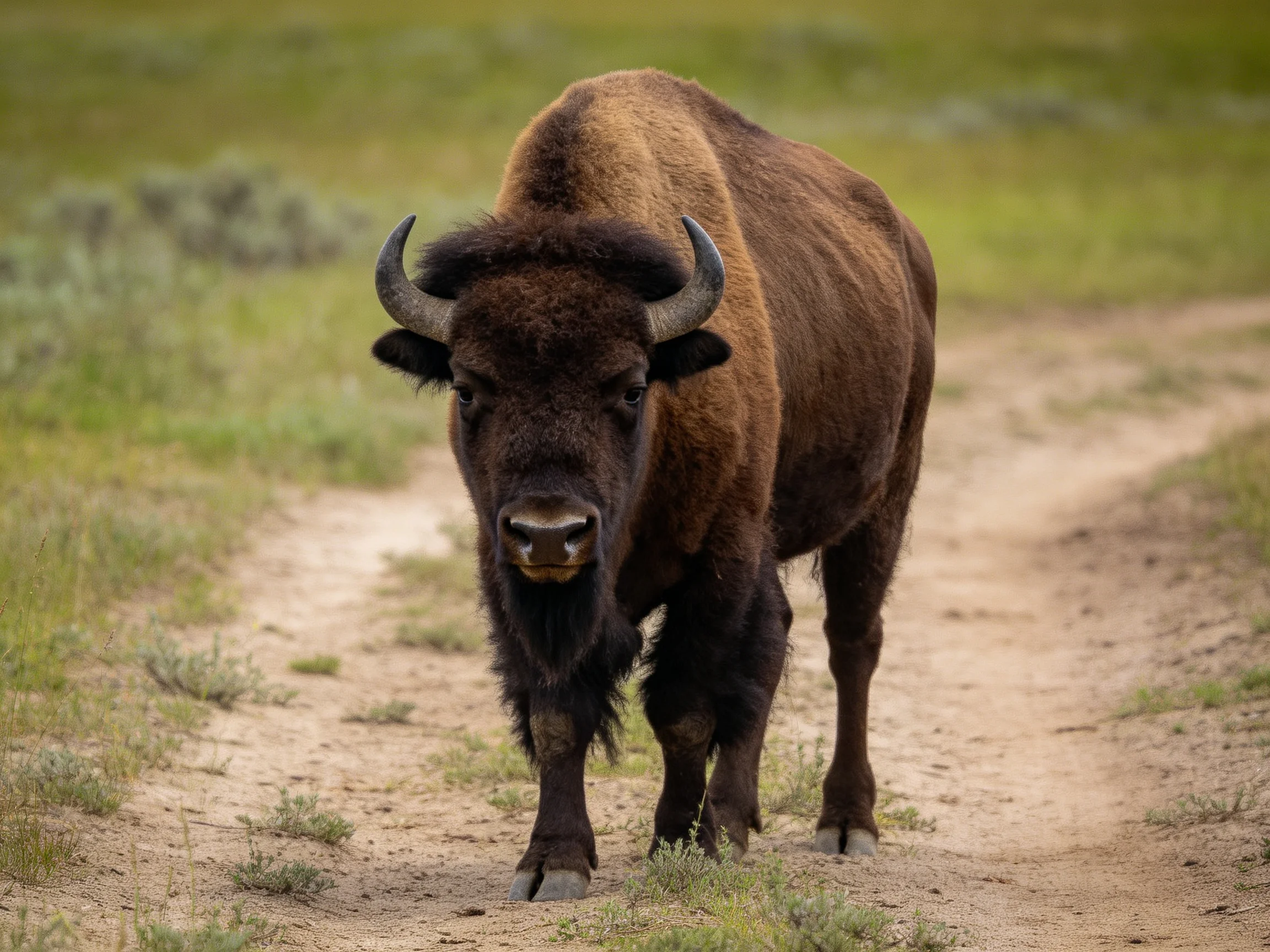A robust brown bison on a sandy dirt path in a grassy landscape