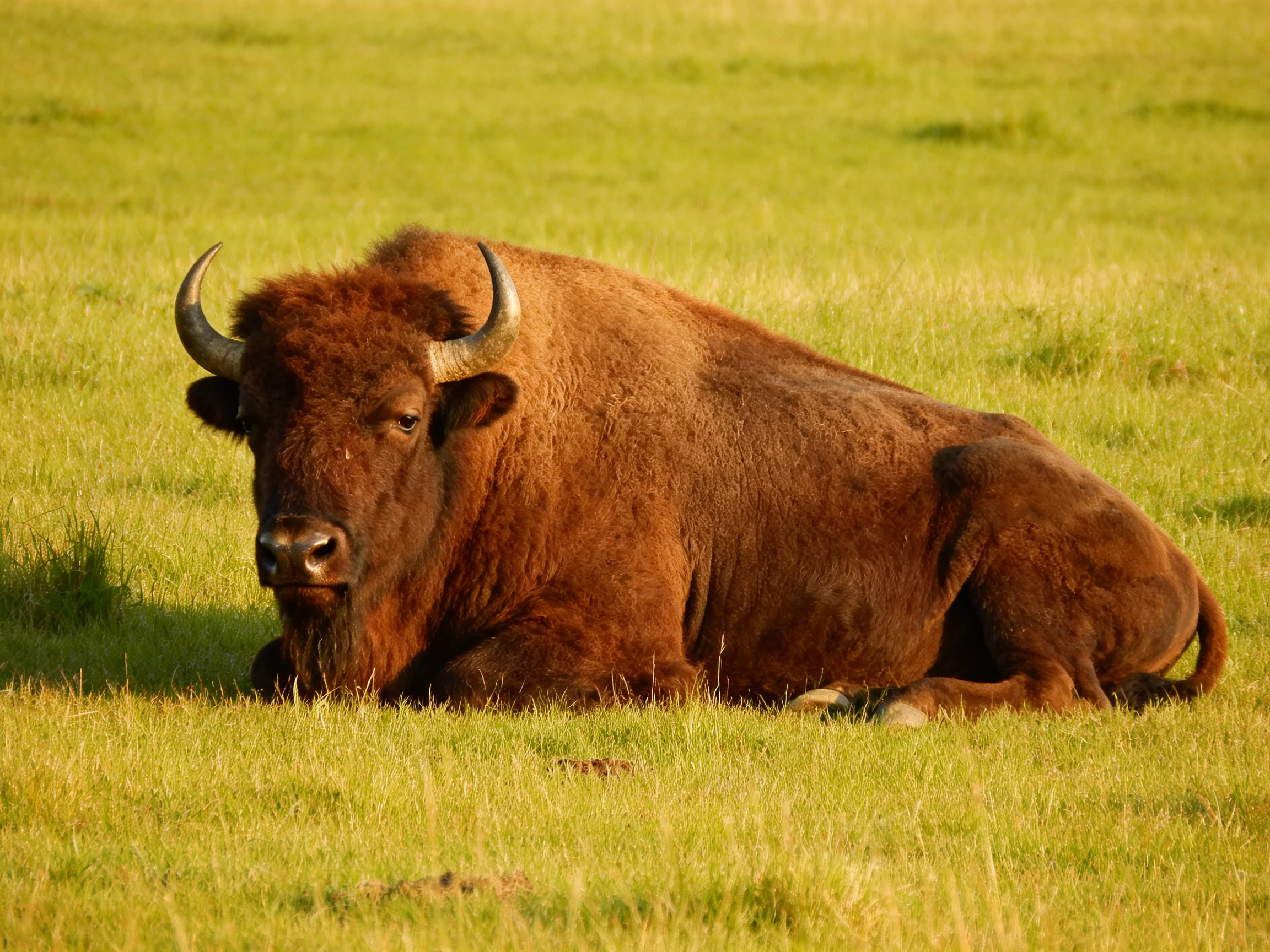 A robust brown bison resting in sunlit green meadow