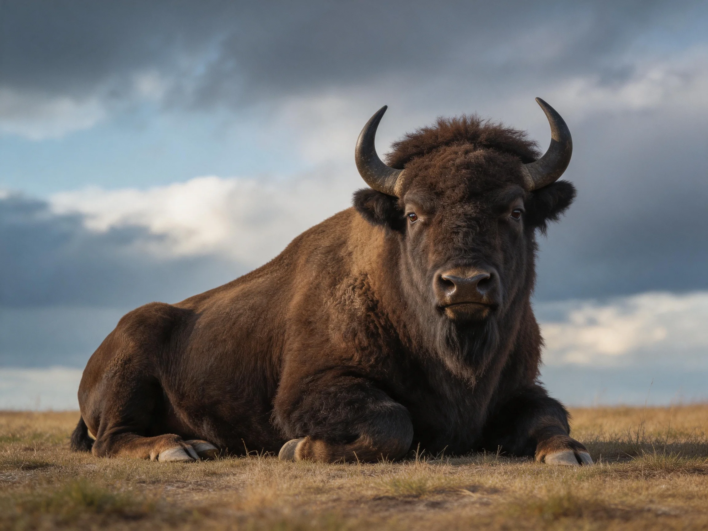 A robust brown bison resting on an open grassy plain under moody clouds