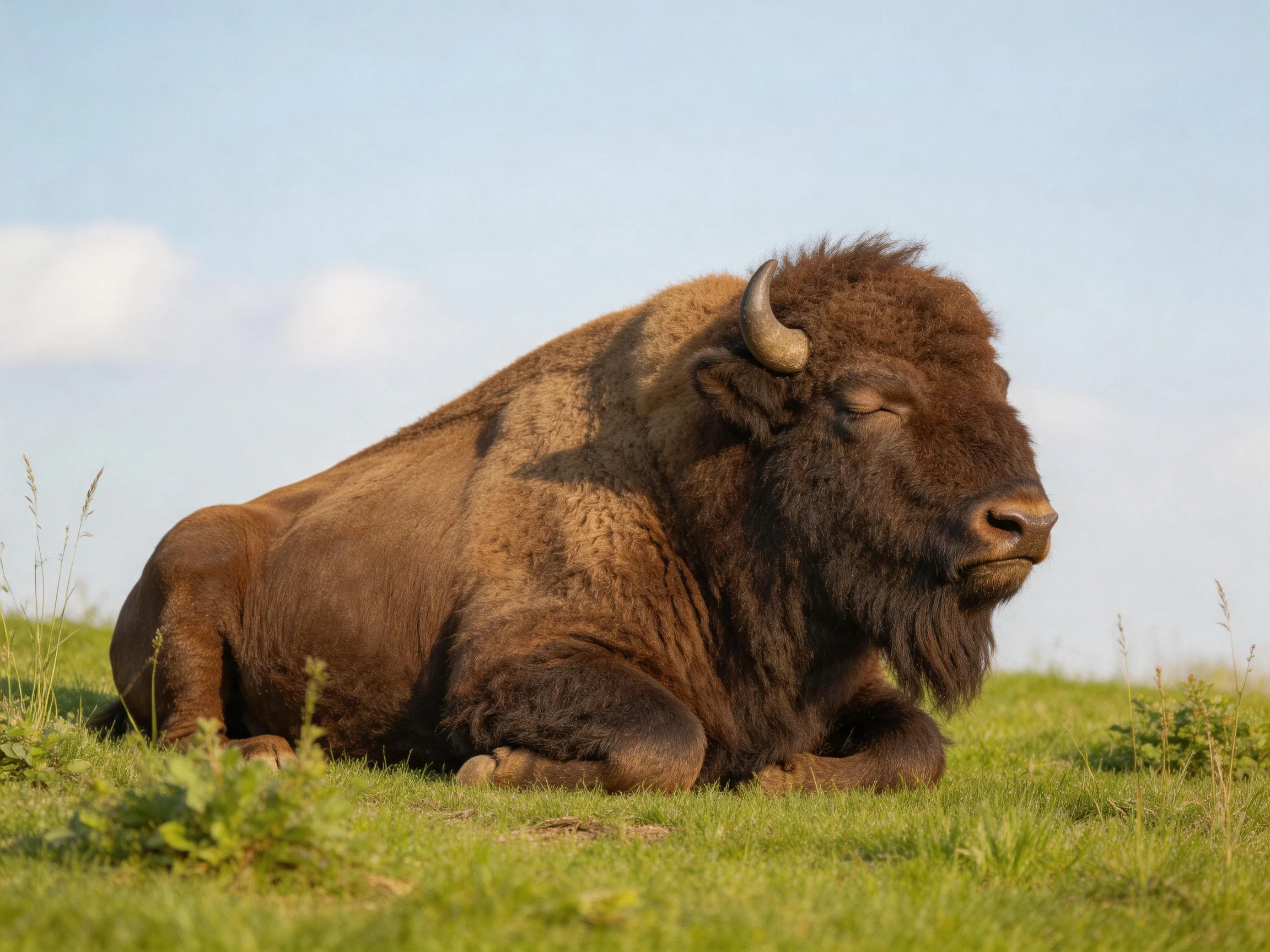 A robust brown bison resting on lush green grass