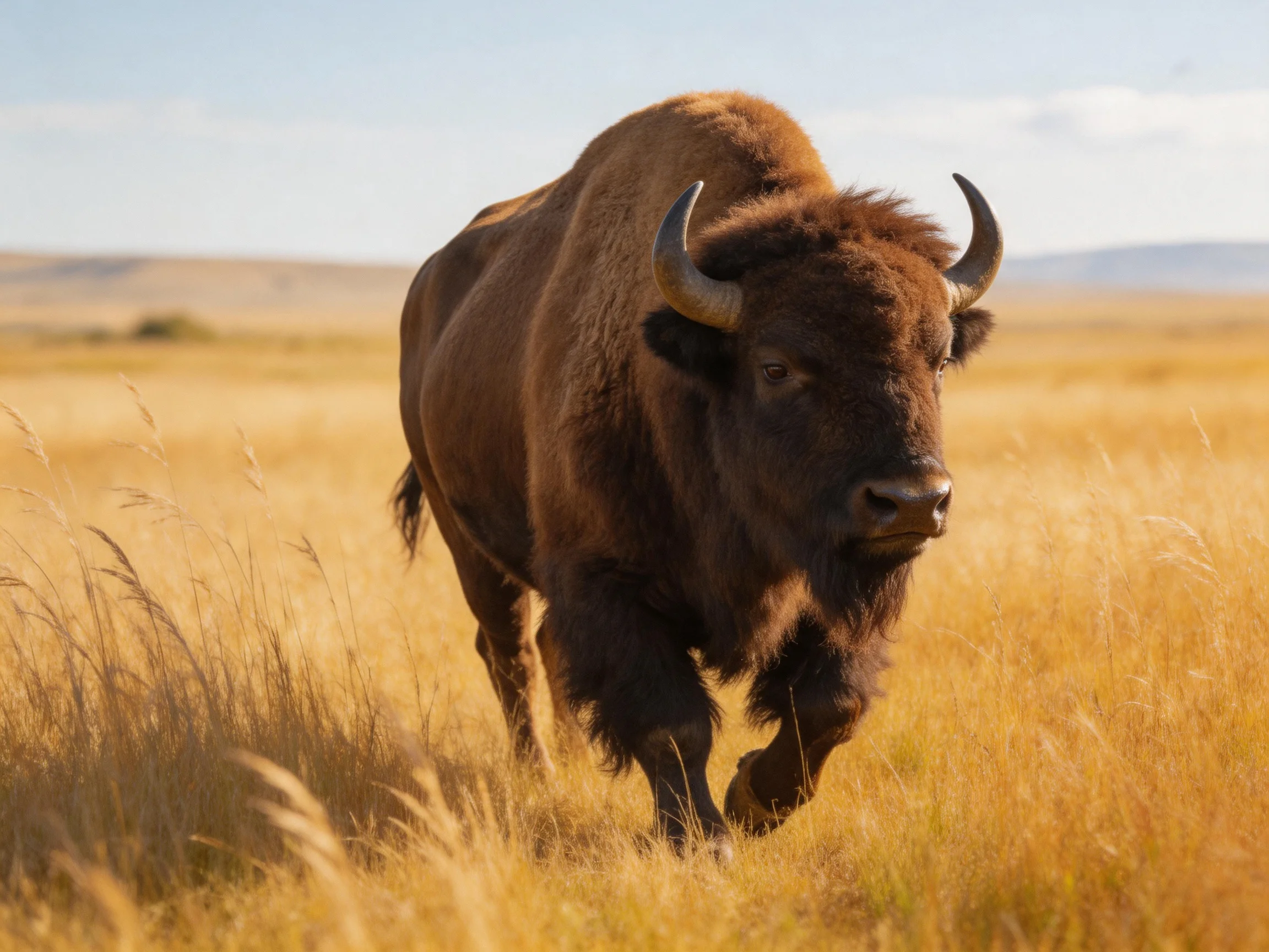 A robust brown bison roams through expansive golden grasslands
