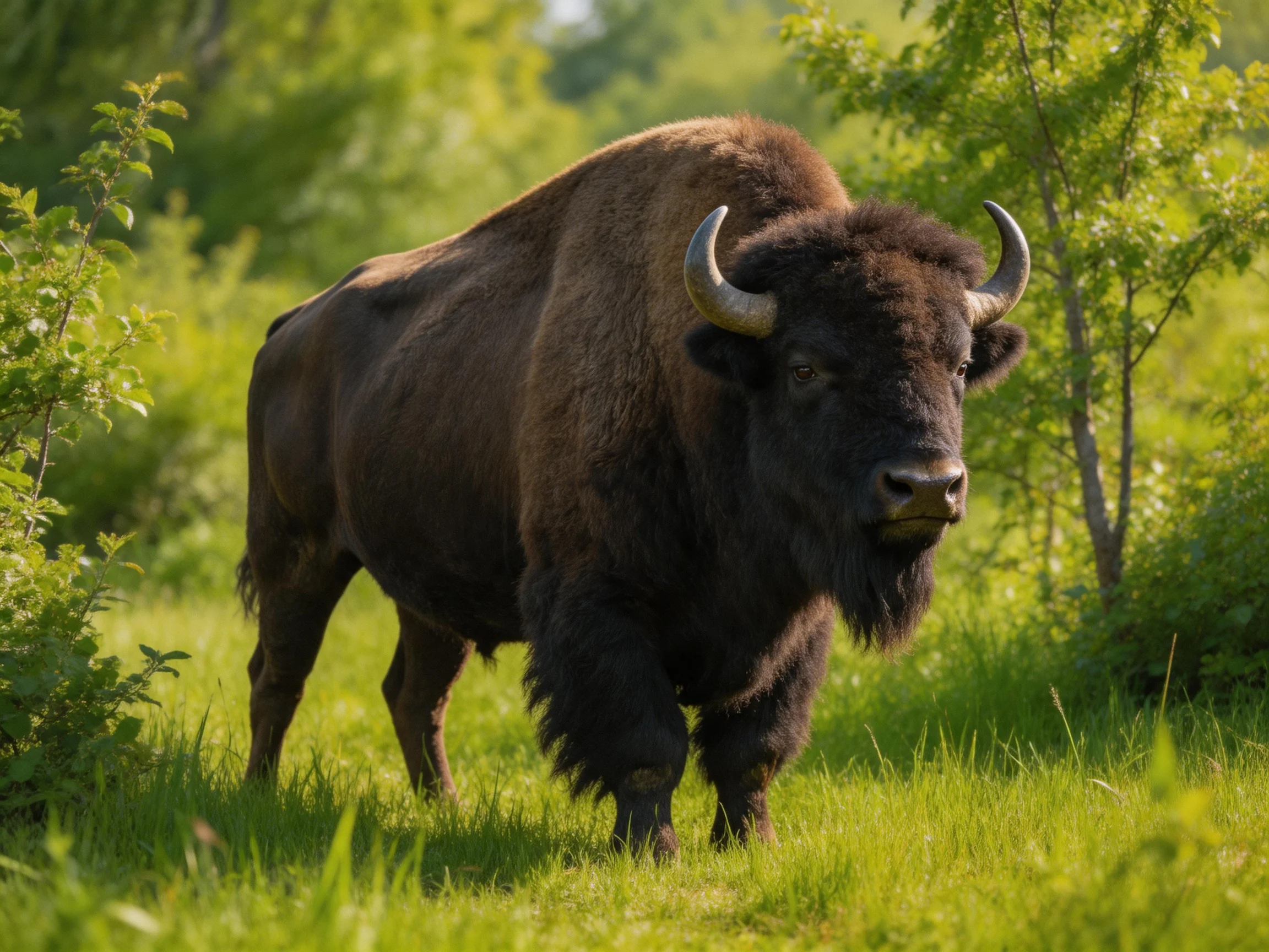 A robust brown bison roams through lush green foliage in bright daylight