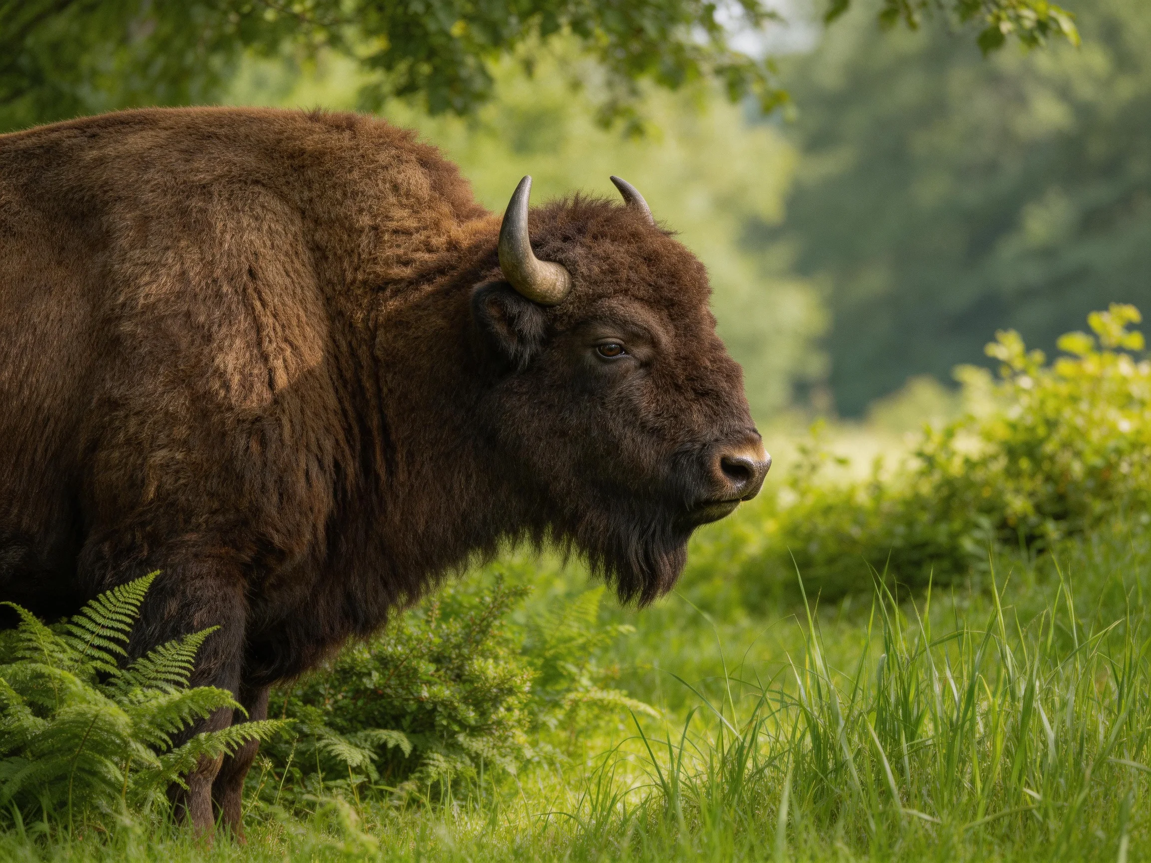 A robust brown bison roams through lush greenery and fern-filled areas