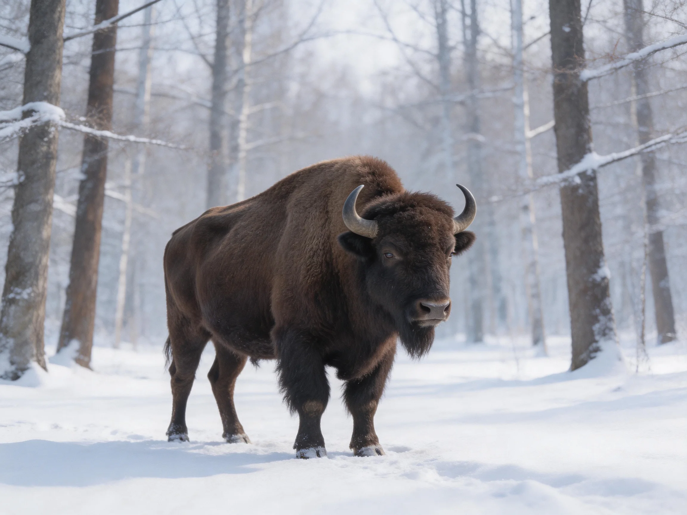 A robust brown bison stands amid snow-covered trees in a wintry forest