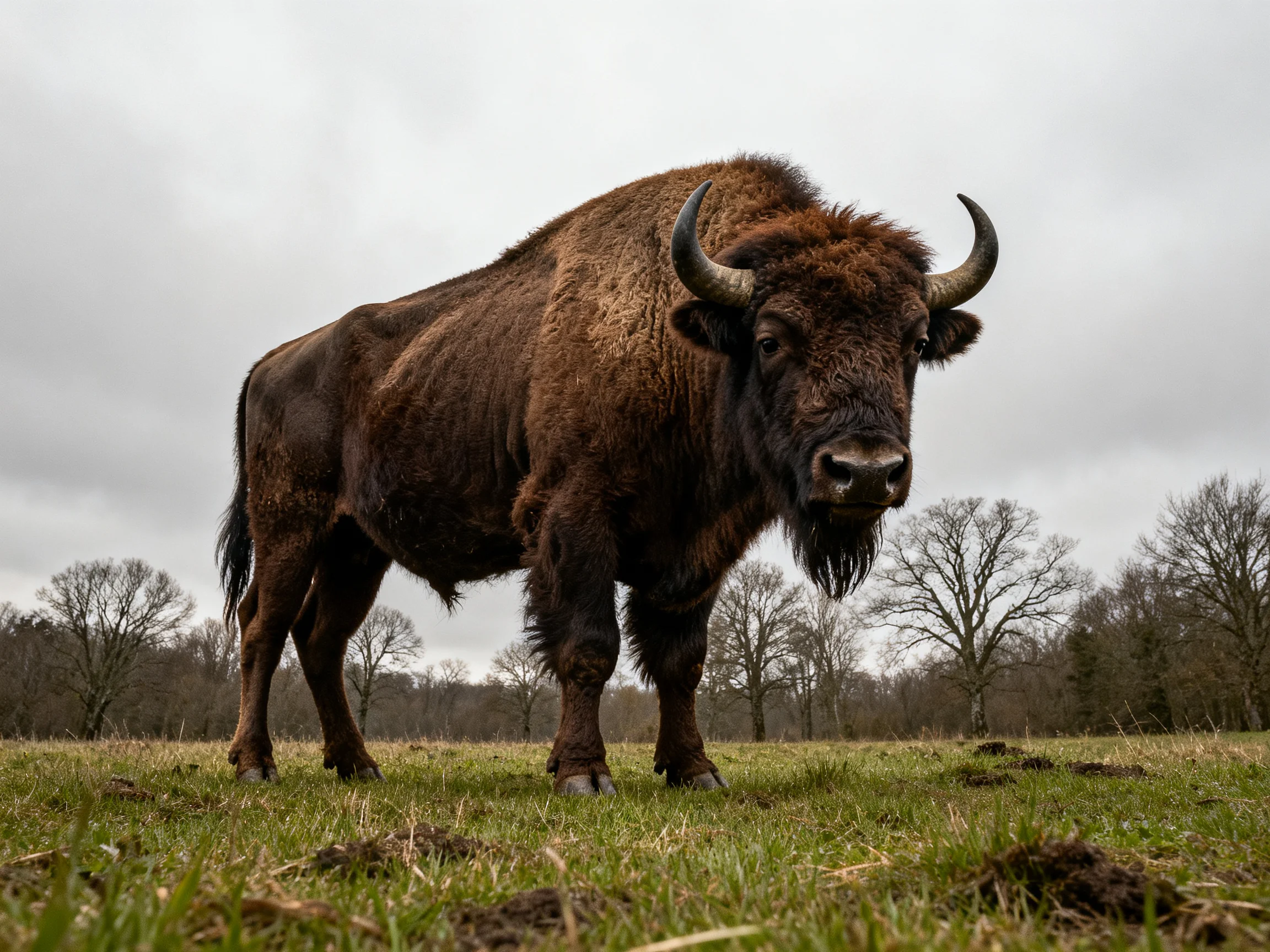 A robust brown bison stands in a grassy field with leafless trees