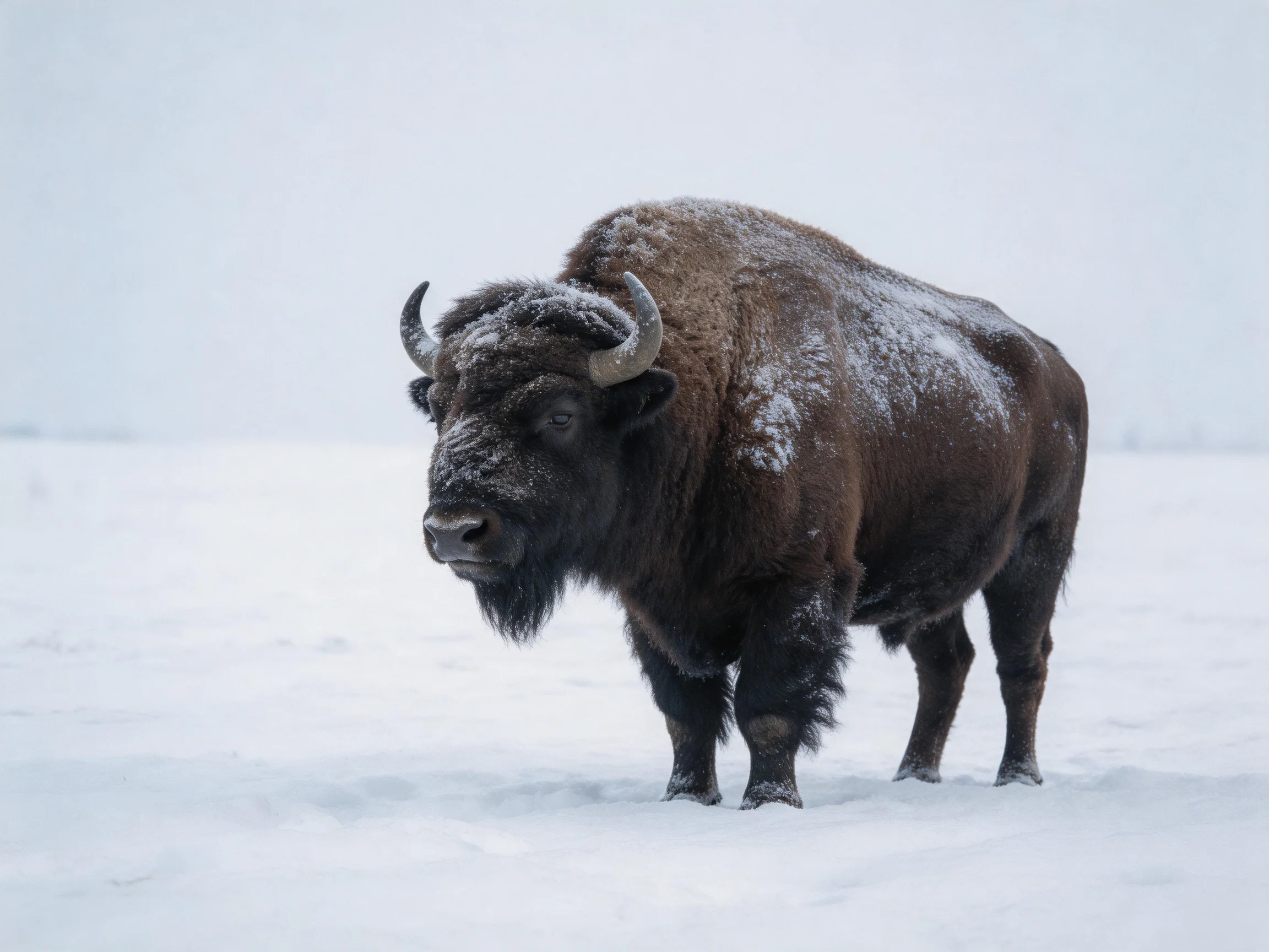 A robust brown bison stands in a snowy landscape