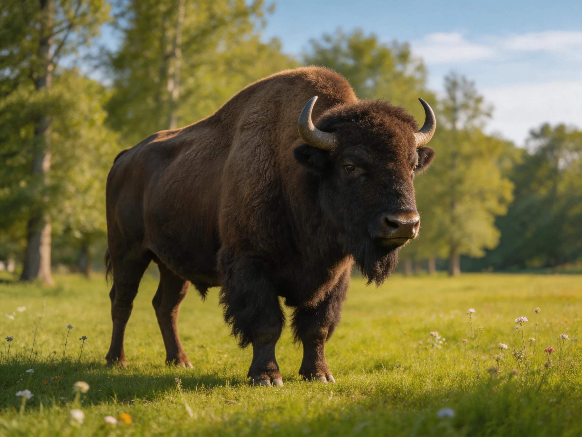 A robust brown bison stands in a sunlit green meadow