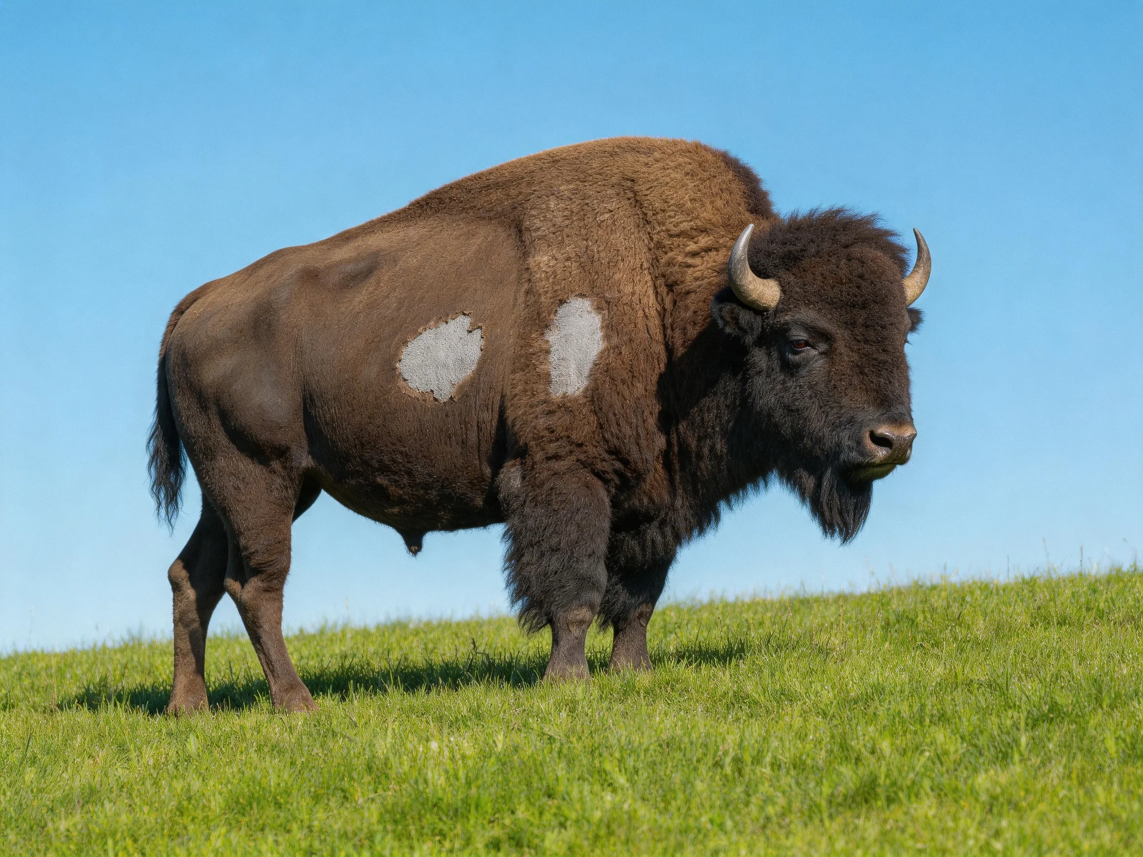A robust brown bison stands on a lush green hillside under clear blue sky