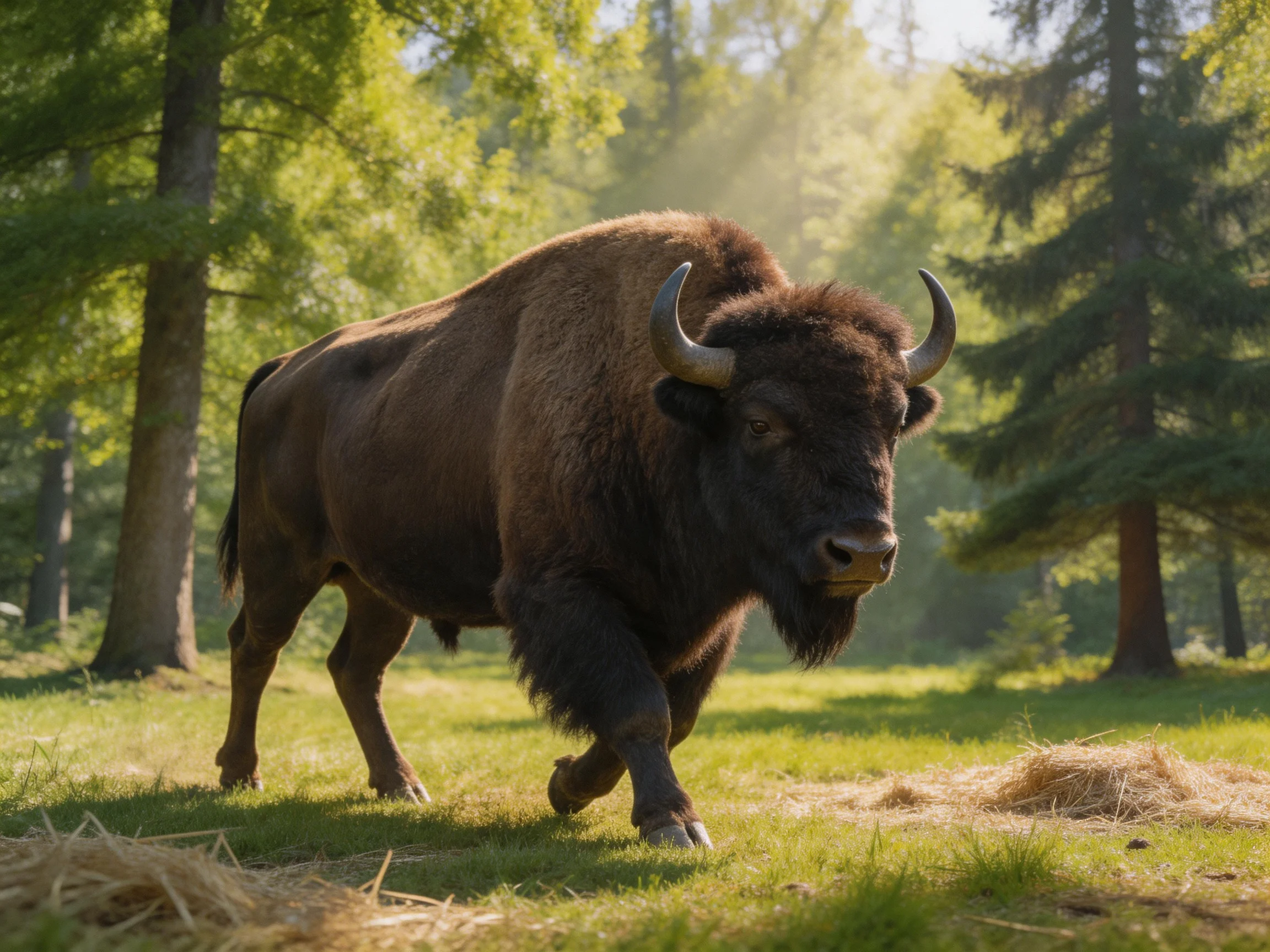 A robust brown bison walking through a sunlit green forest clearing