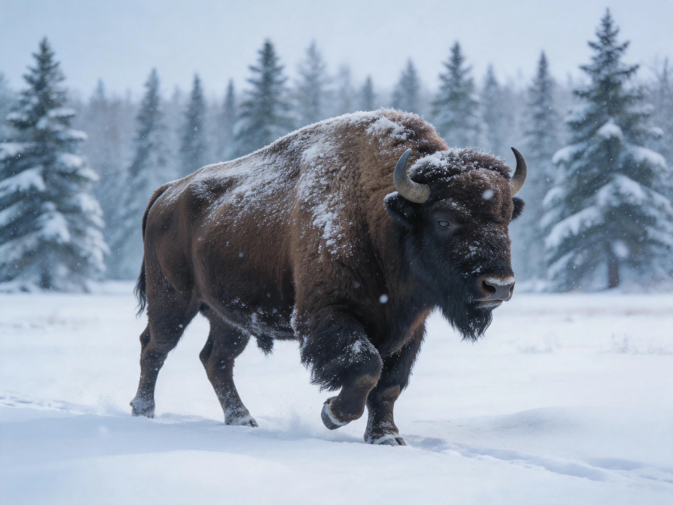 A robust brown bison walks through a snow-dusted winter forest