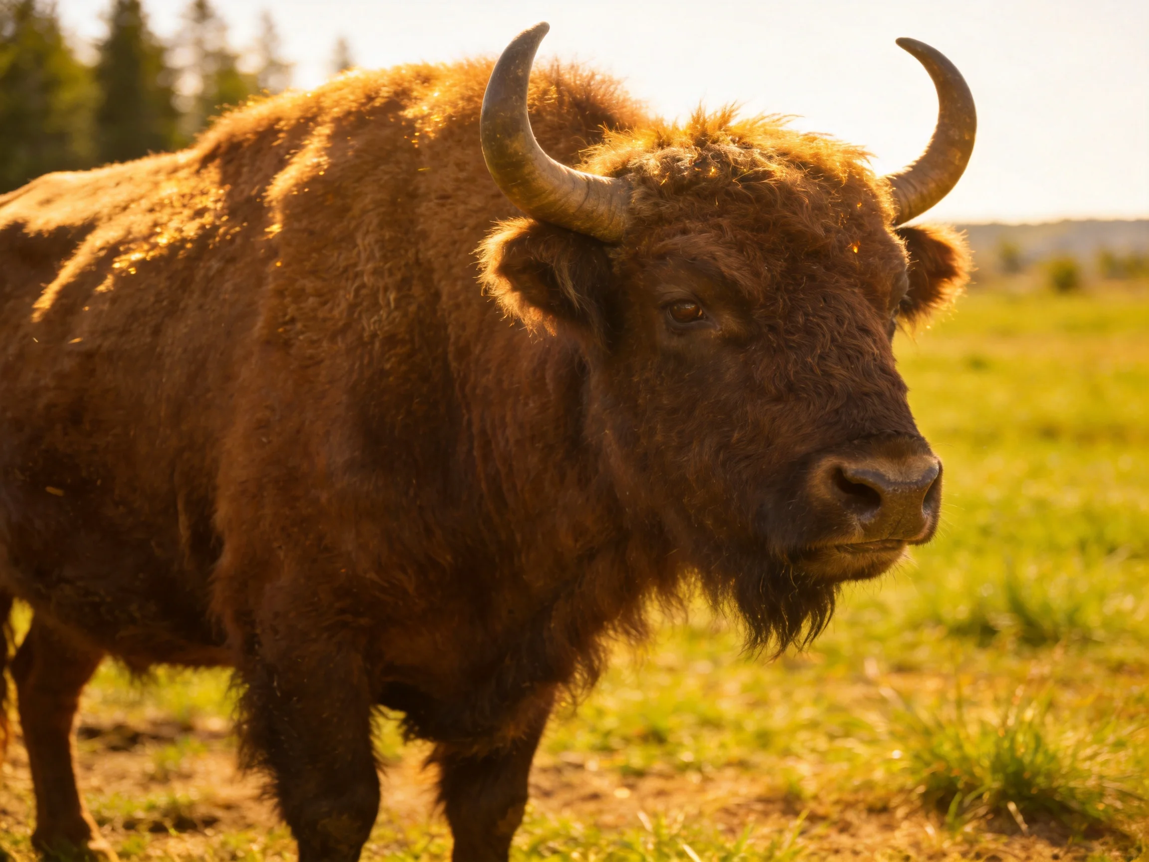 A robust brown bison with curved horns in a sunlit meadow