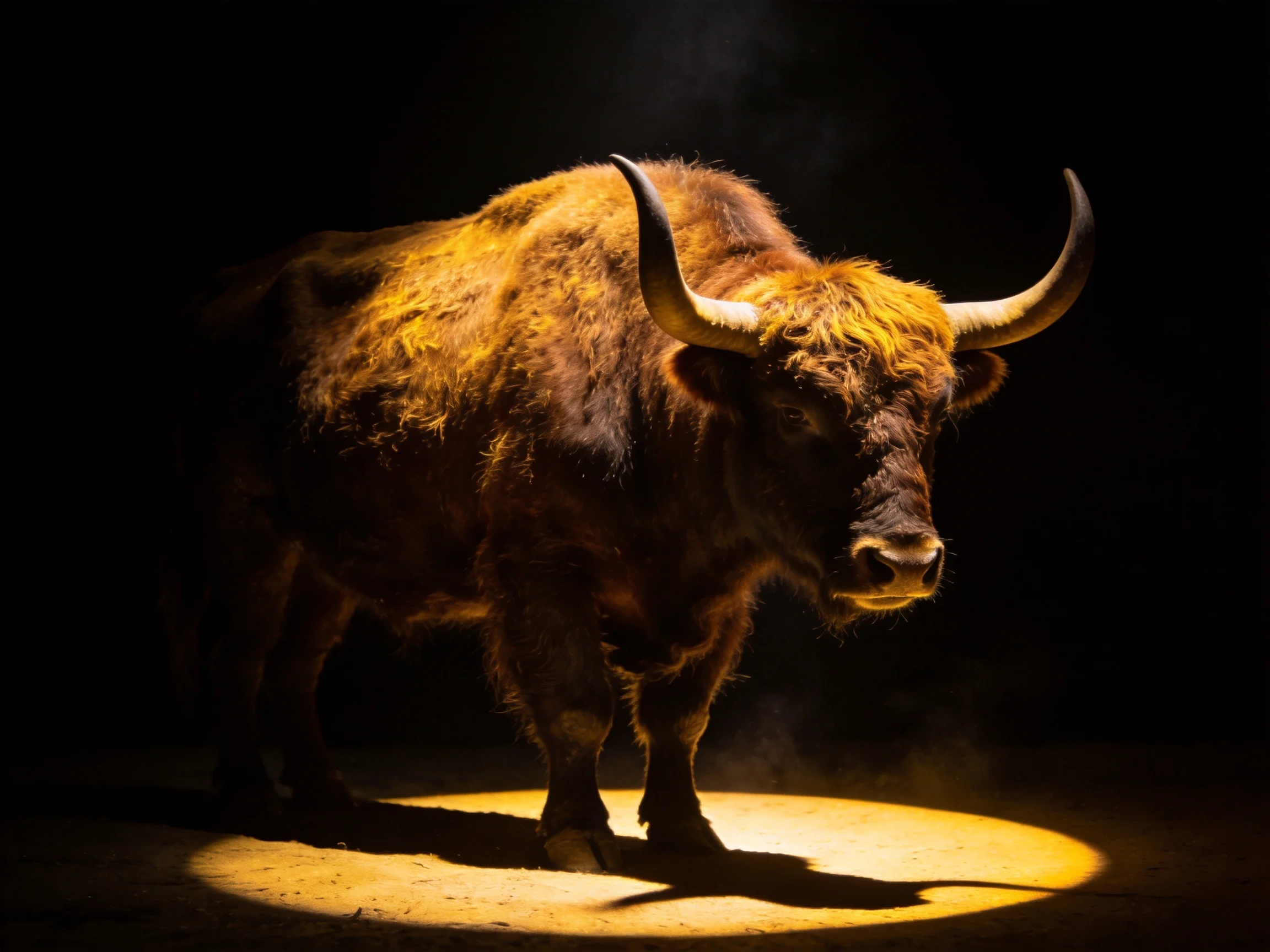 A robust brown bovine illuminated by golden spotlighting