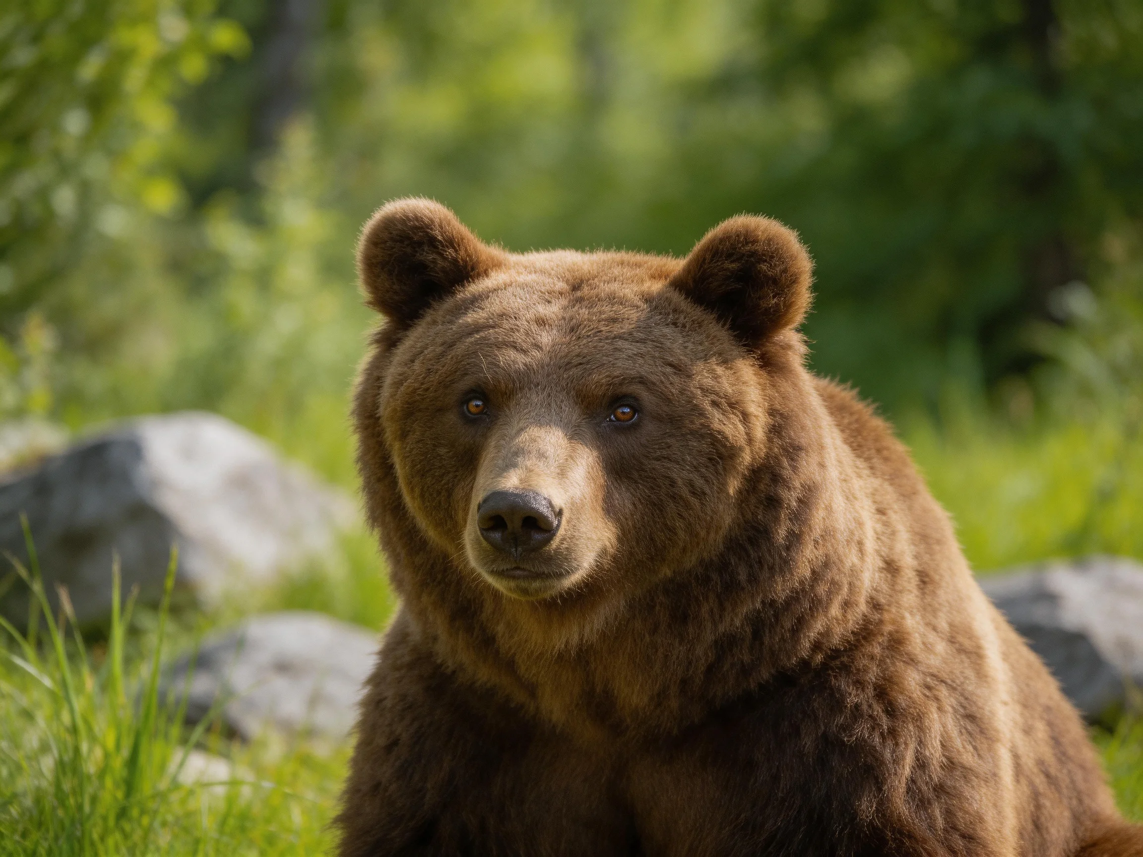 A robust brown grizzly bear in a verdant forest clearing