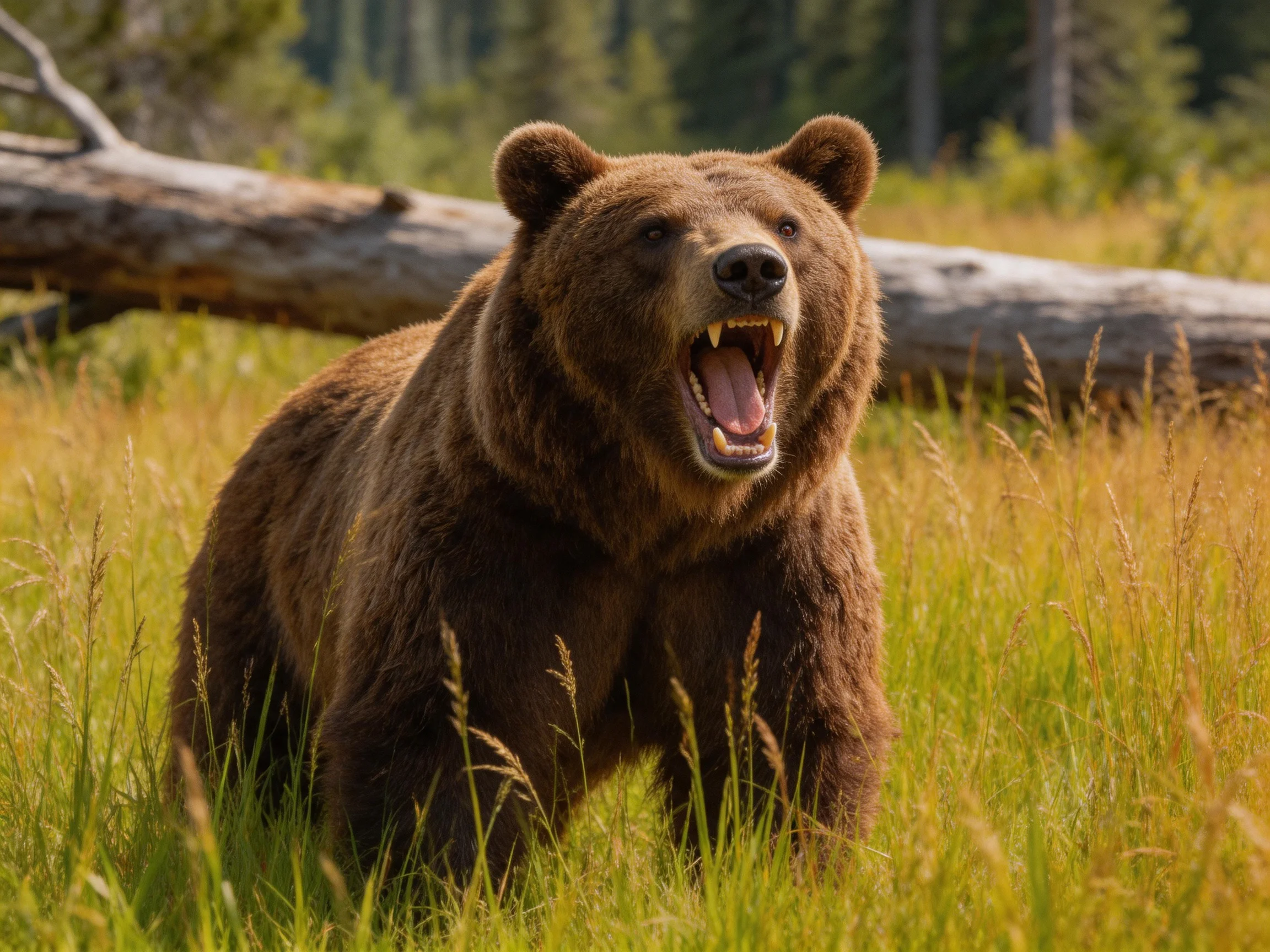 A robust brown grizzly bear roars in tall golden grasses