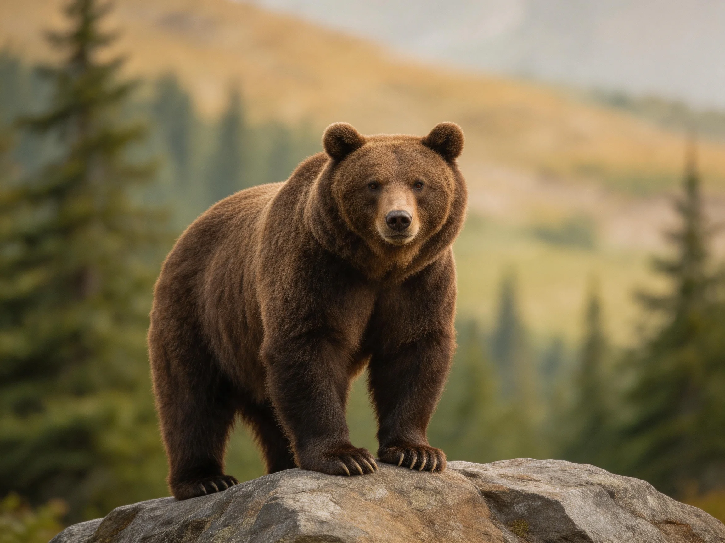 A robust brown grizzly bear stands on a large gray rock