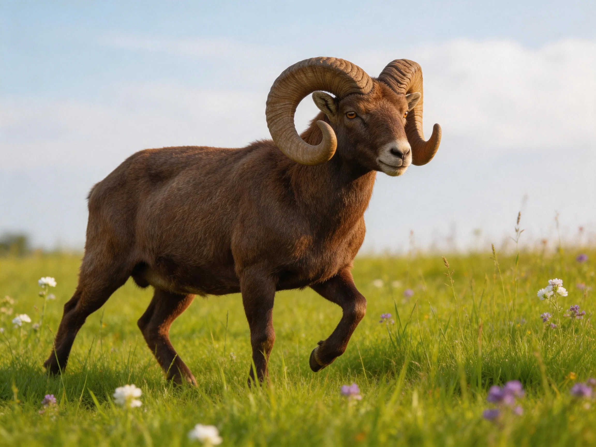A robust brown ram with massive curved horns in a flowered meadow