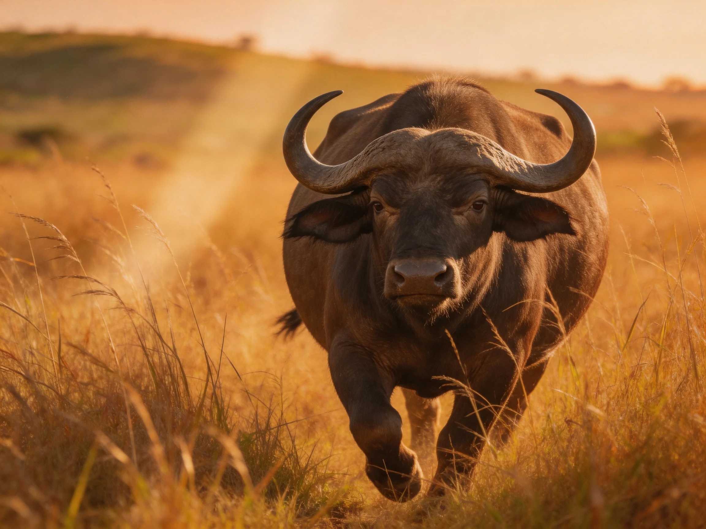 A robust buffalo charging through golden savannah grasslands