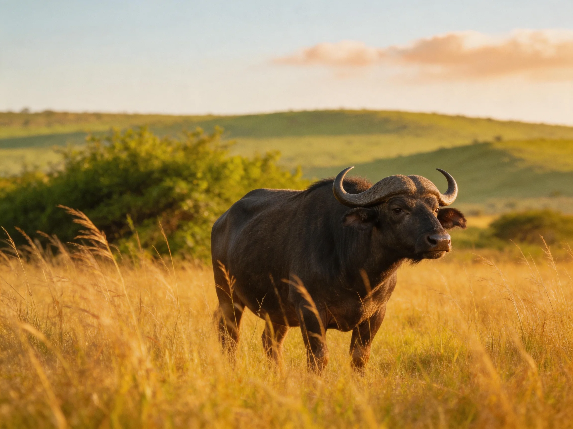 A robust buffalo in golden savannah grass near rolling green hills