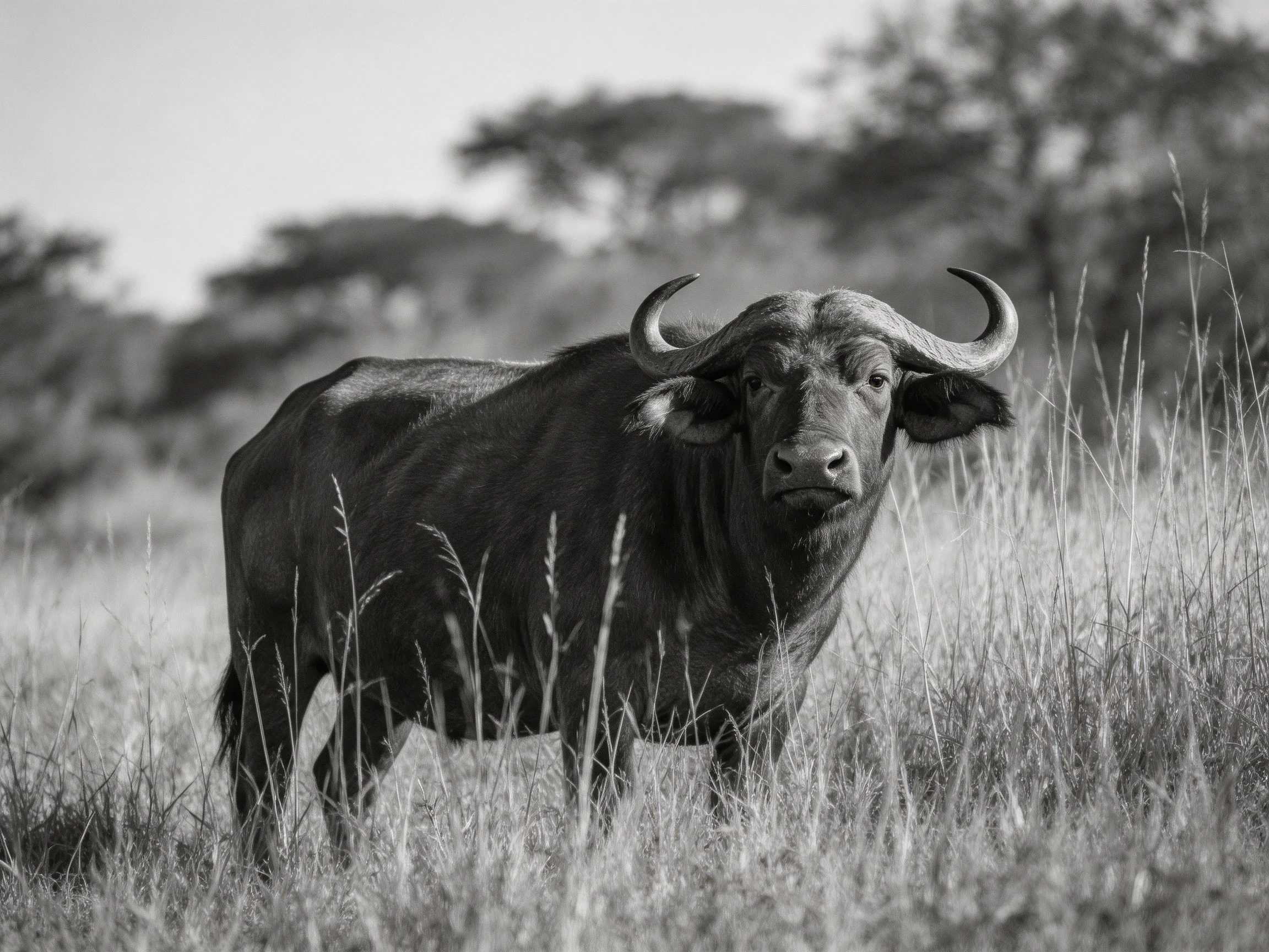 A robust buffalo with curved horns stands in tall grass of a monochrome savannah