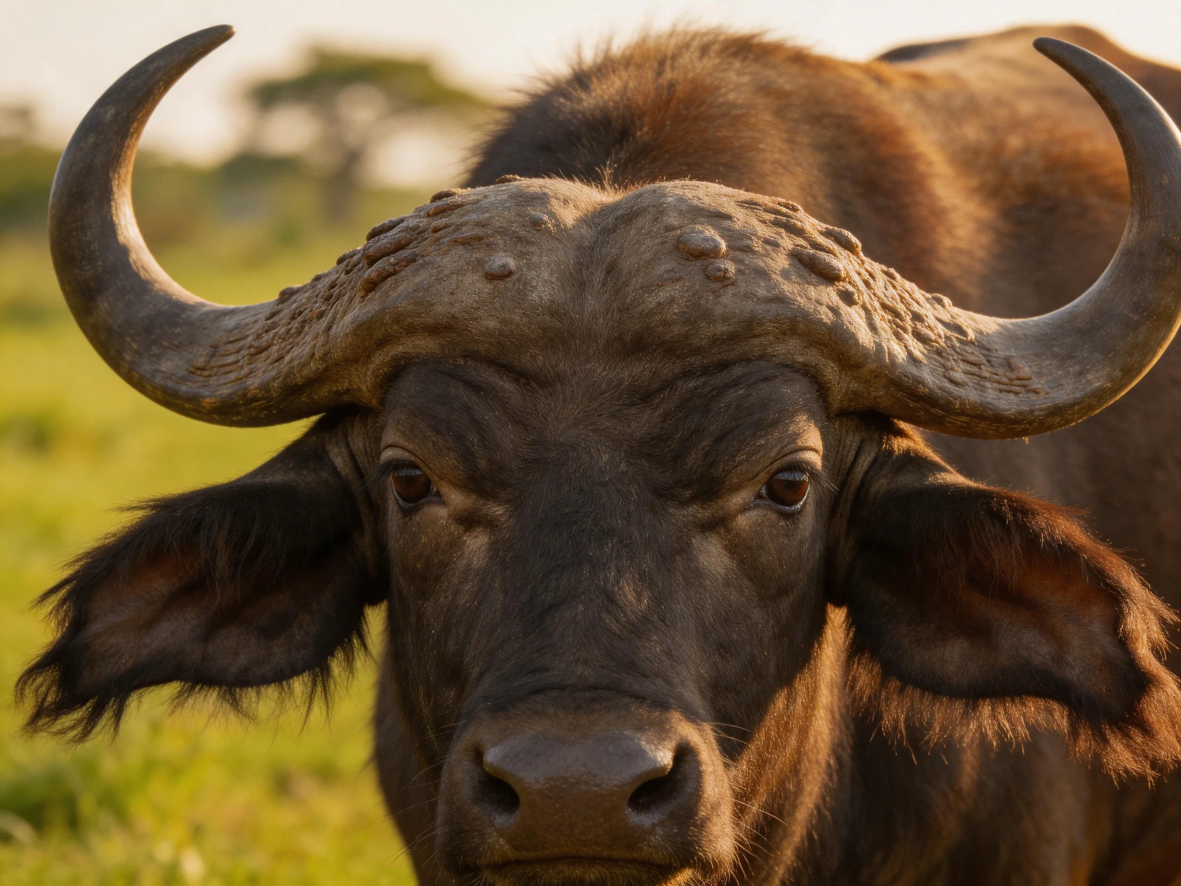 A robust buffalo with large curved horns is shown in a sunlit savannah.