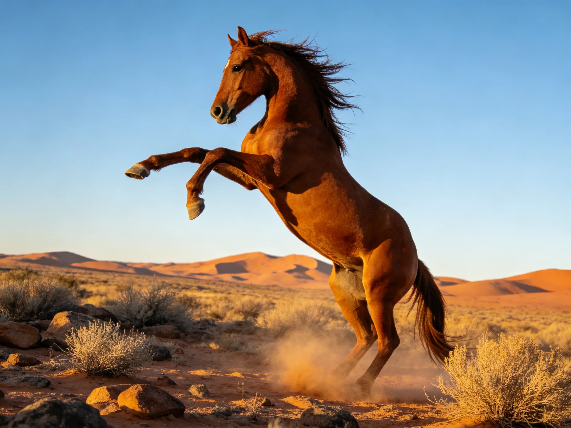 A chestnut horse rears dynamically in an arid desert environment.