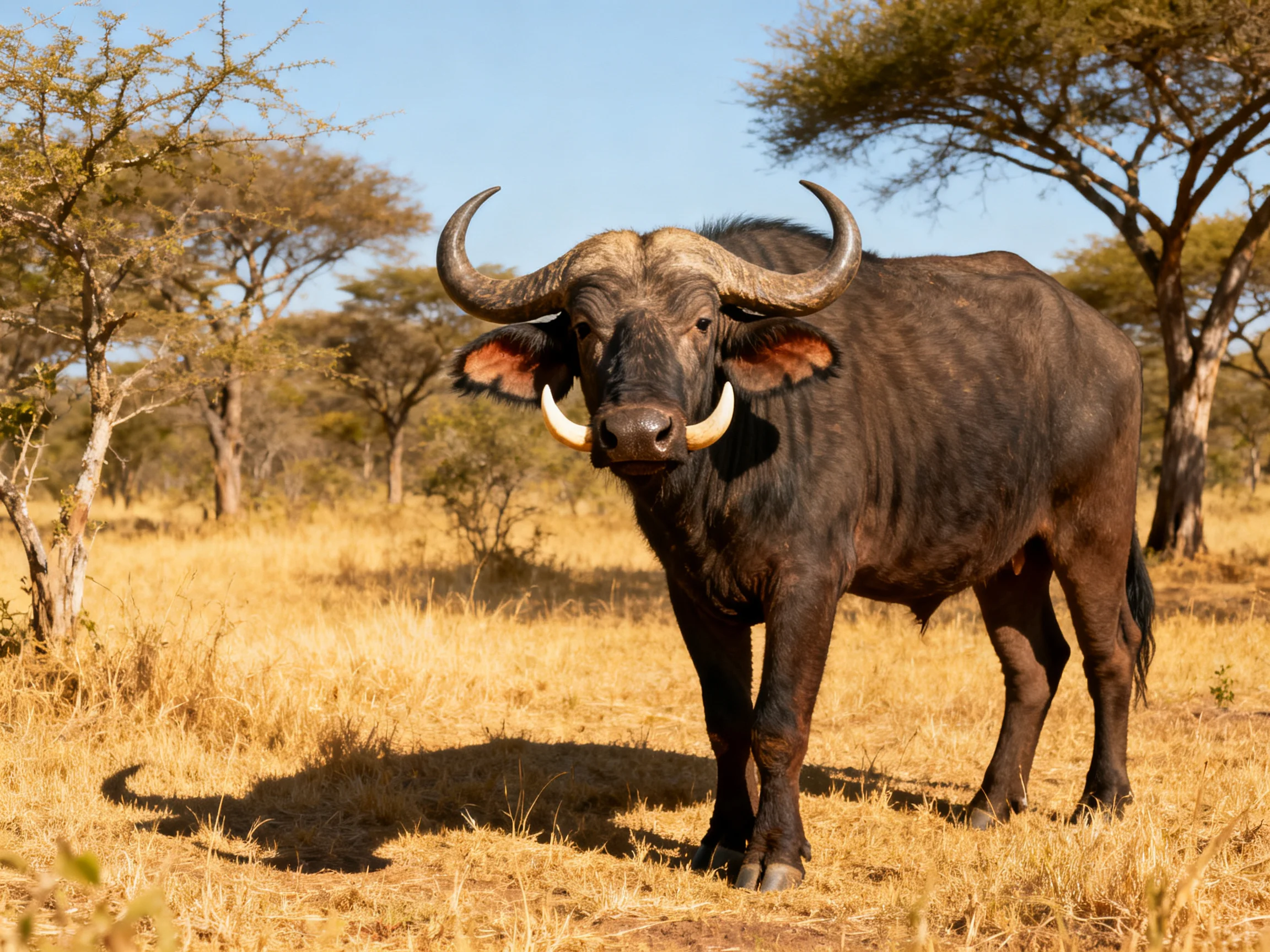 Dark brown buffalo stands in a sunlit savannah landscape.