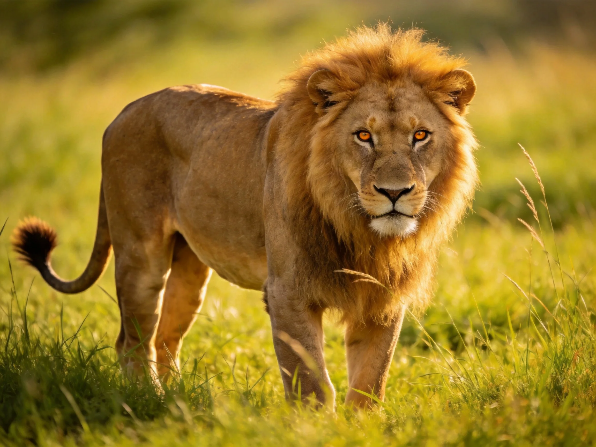 A robust golden lion stands in sunlit green savannah grass