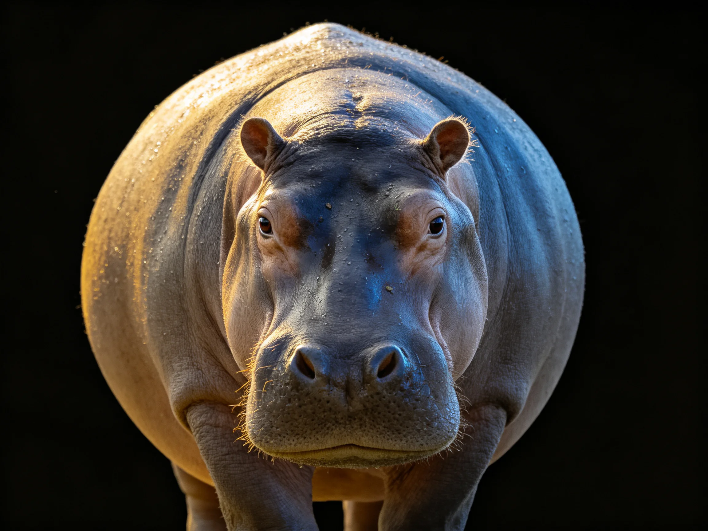 A robust gray hippo with warm lighting accents