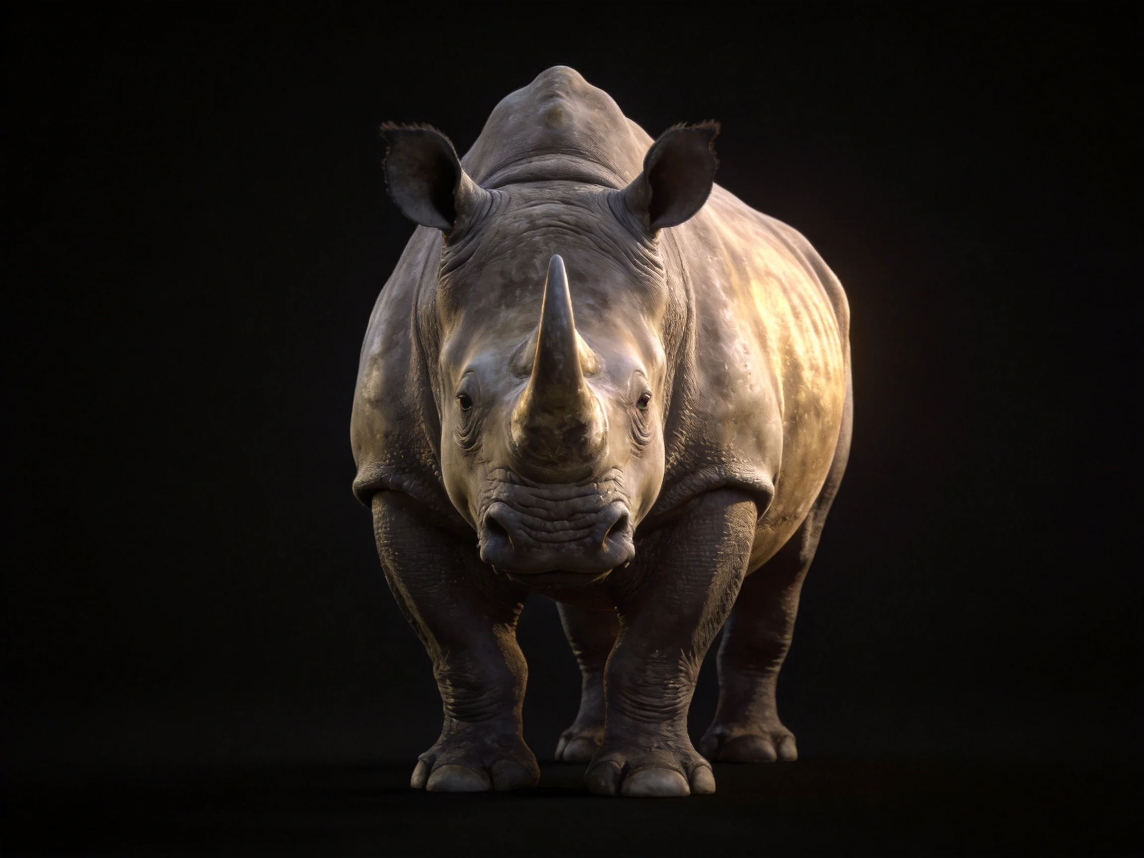 A robust gray rhinoceros centered against a stark black background
