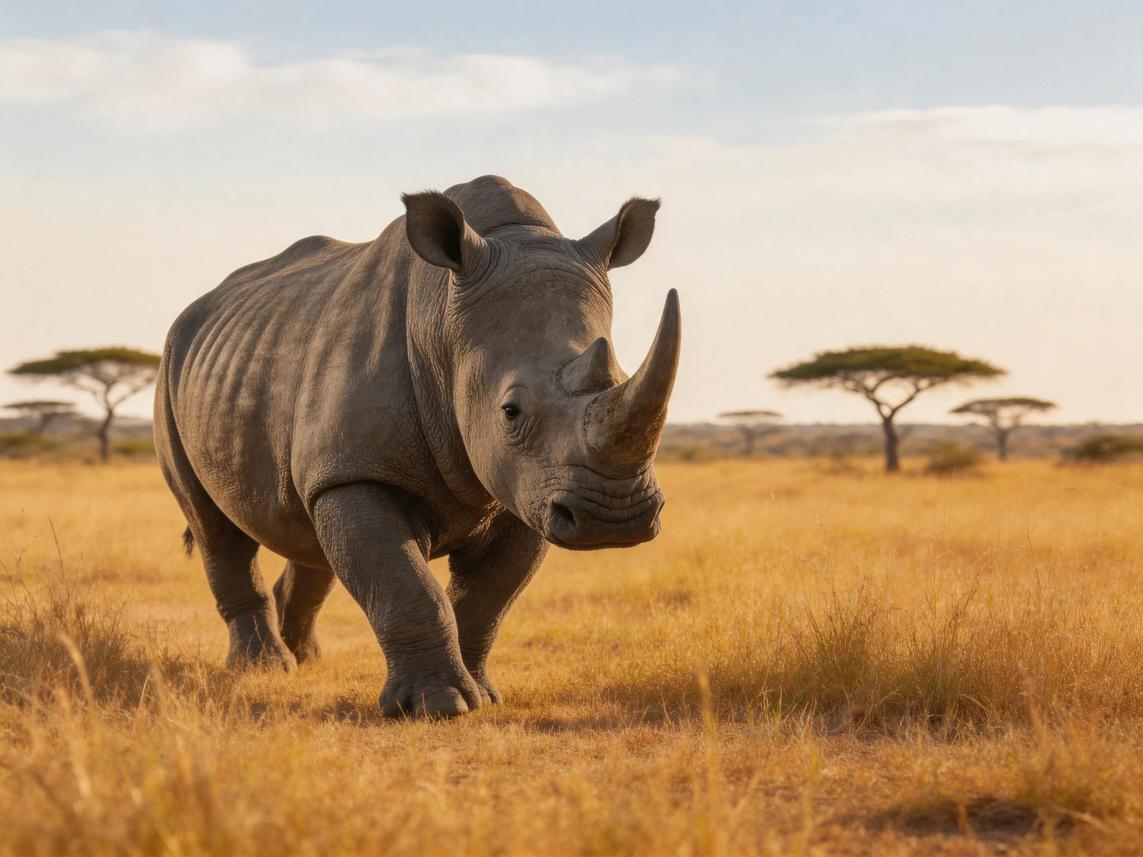 A robust gray rhinoceros walks across golden savannah plains