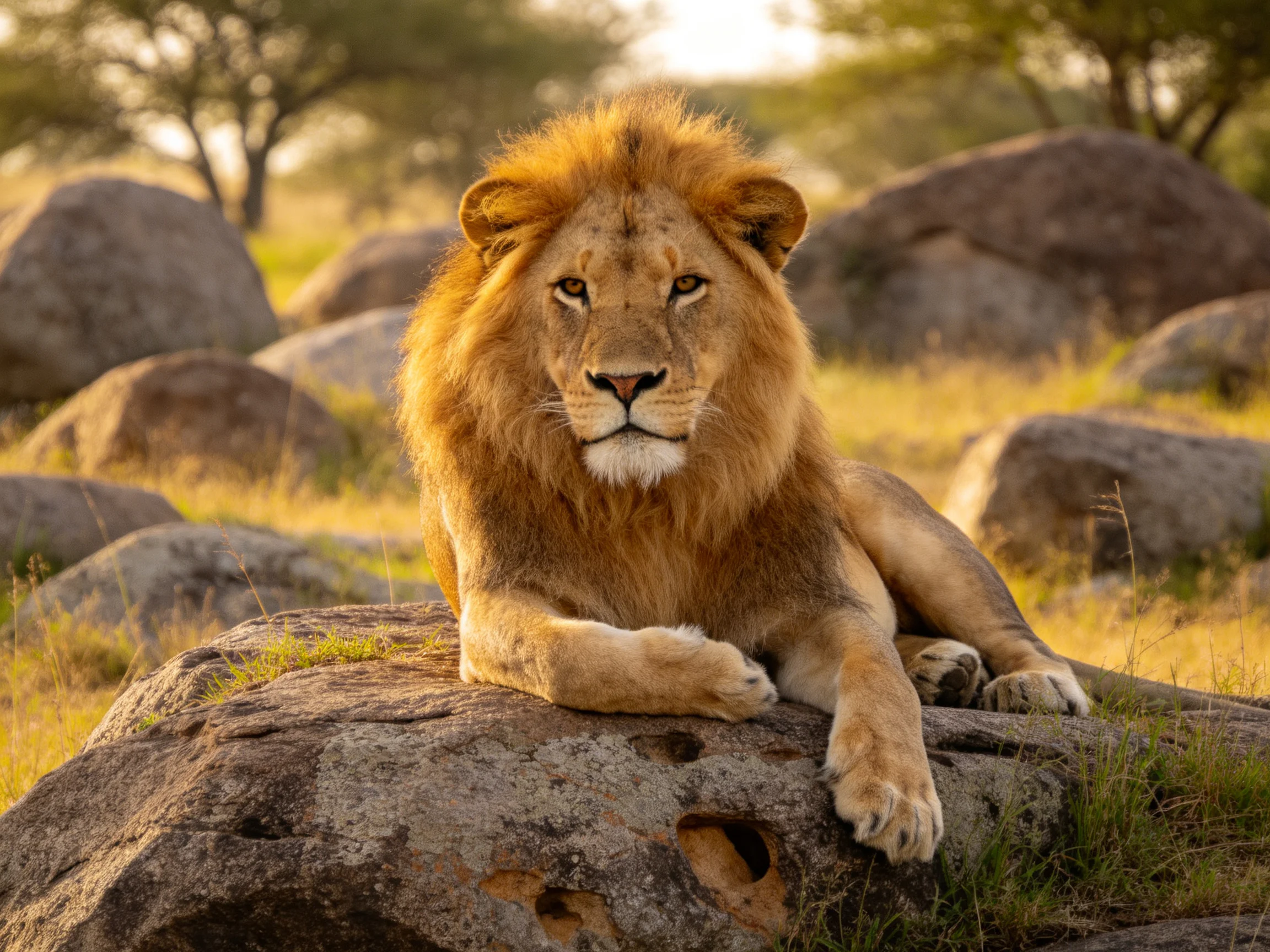 A robust lion rests on large gray rocks in golden savannah