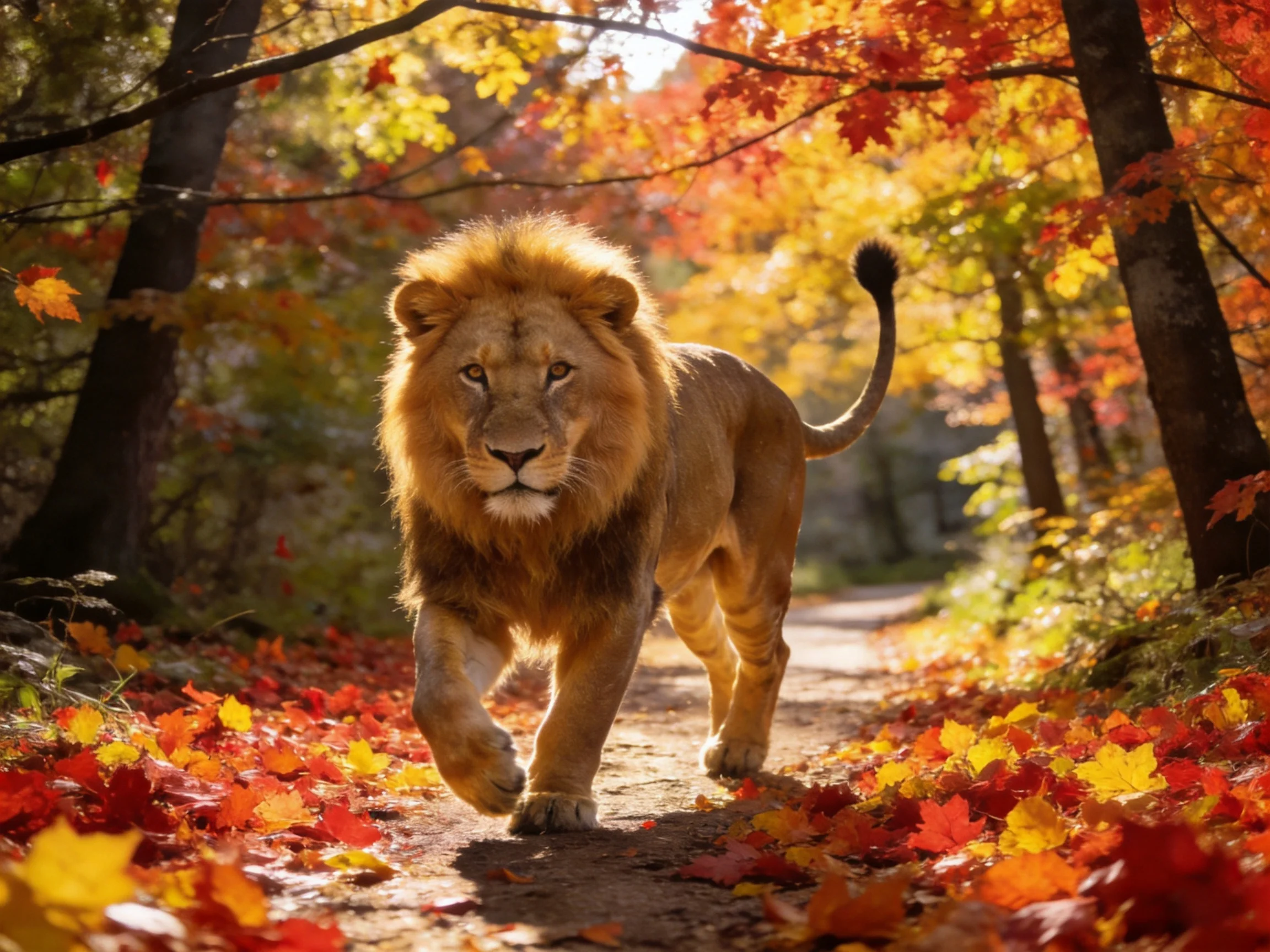 A lion moves down a path covered with colorful autumn leaves.
