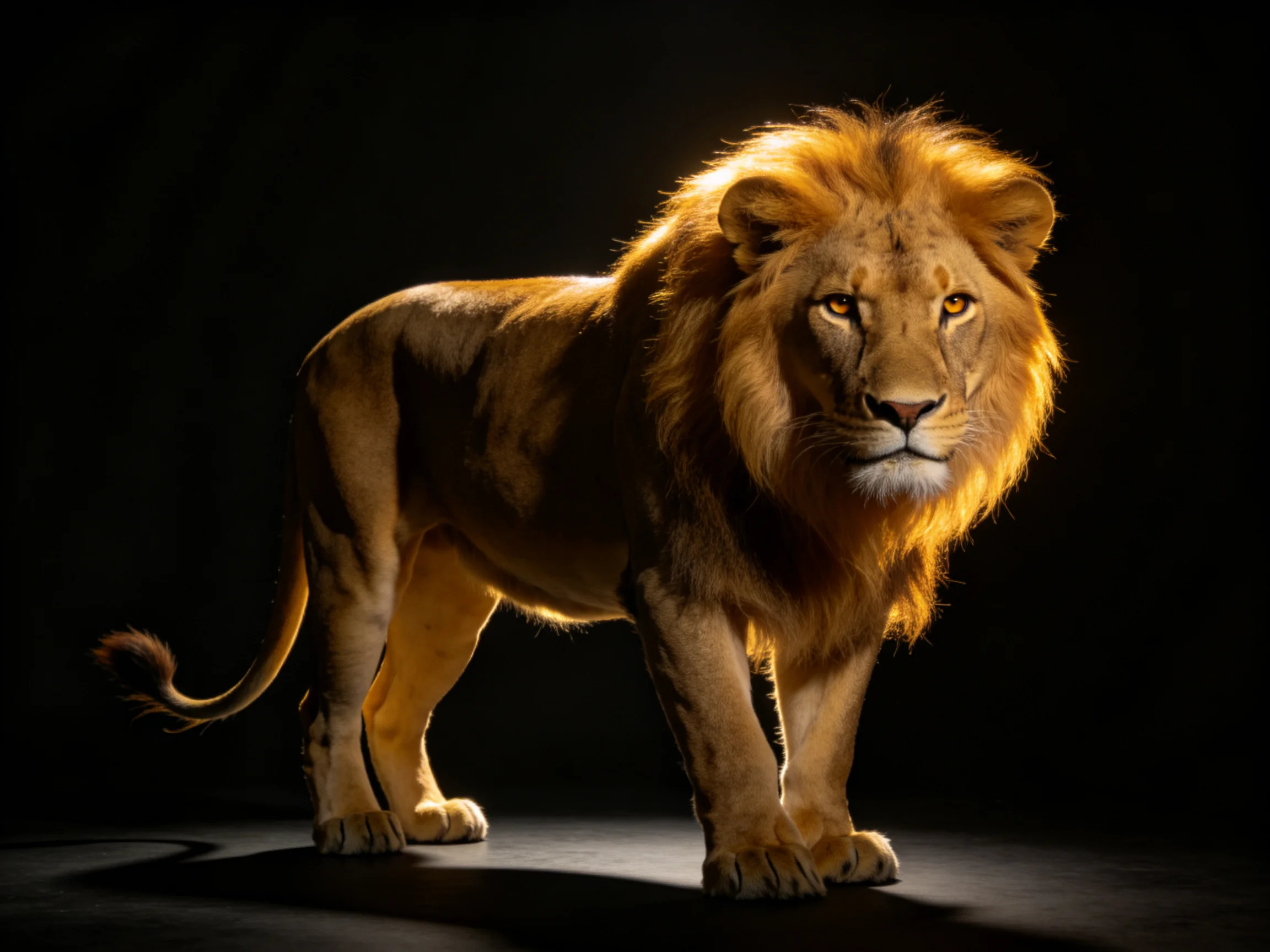 A robust lion with a thick mane stands under dramatic lighting.