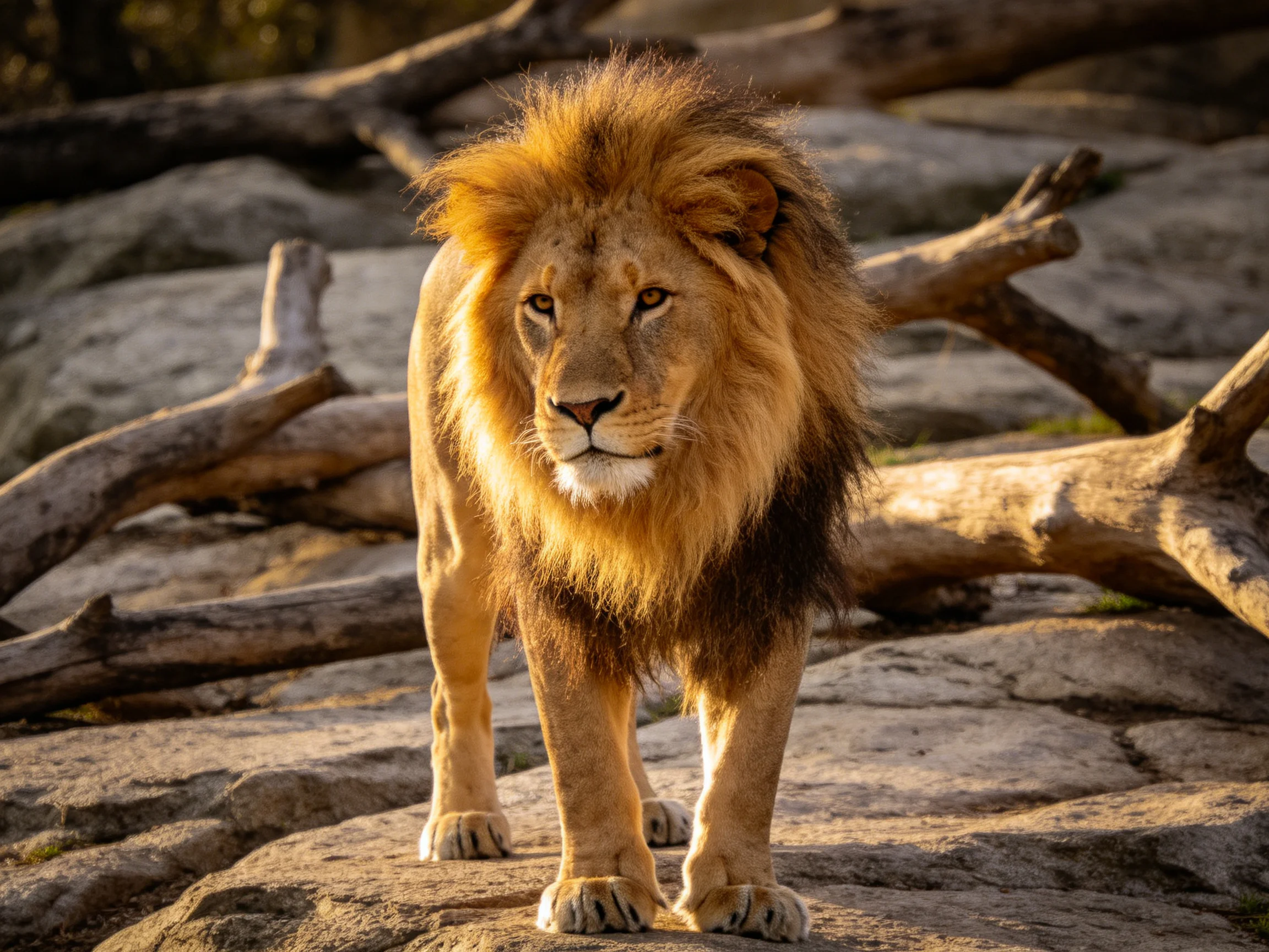 A robust lion with a thick golden mane walks on rocky terrain near fallen logs.