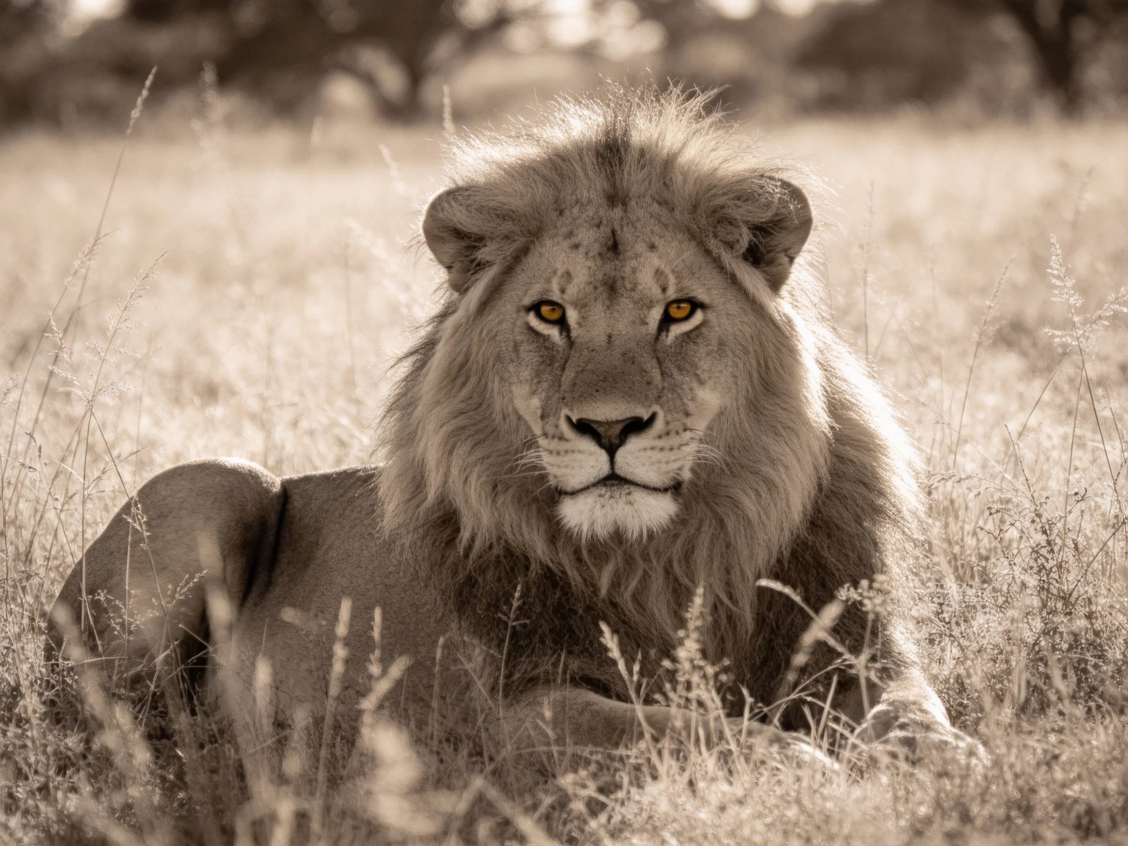 A robust male lion rests intall savannah grass with intense gaze.