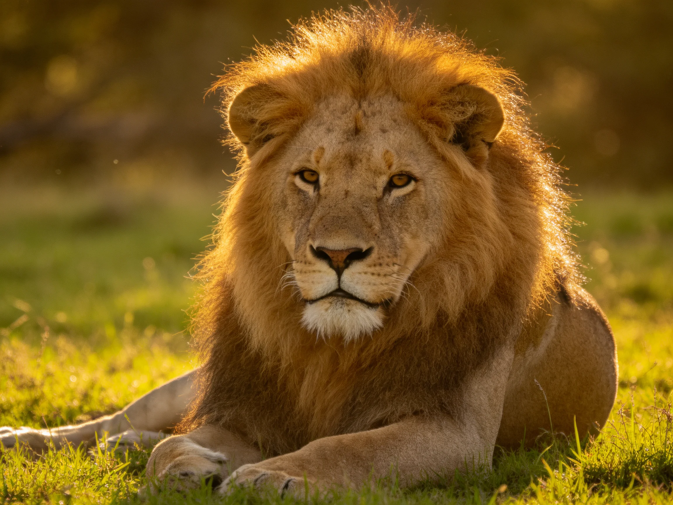 A robust male lion sits calmly on sunlit green grass.