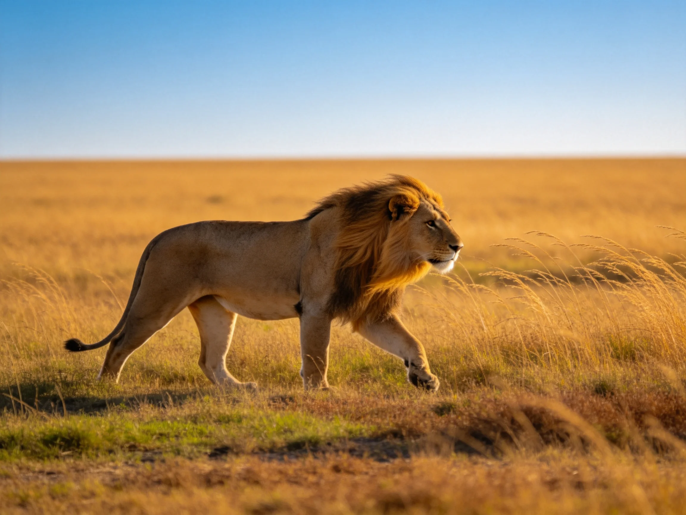 A robust male lion roams golden savannah under clear blue sky