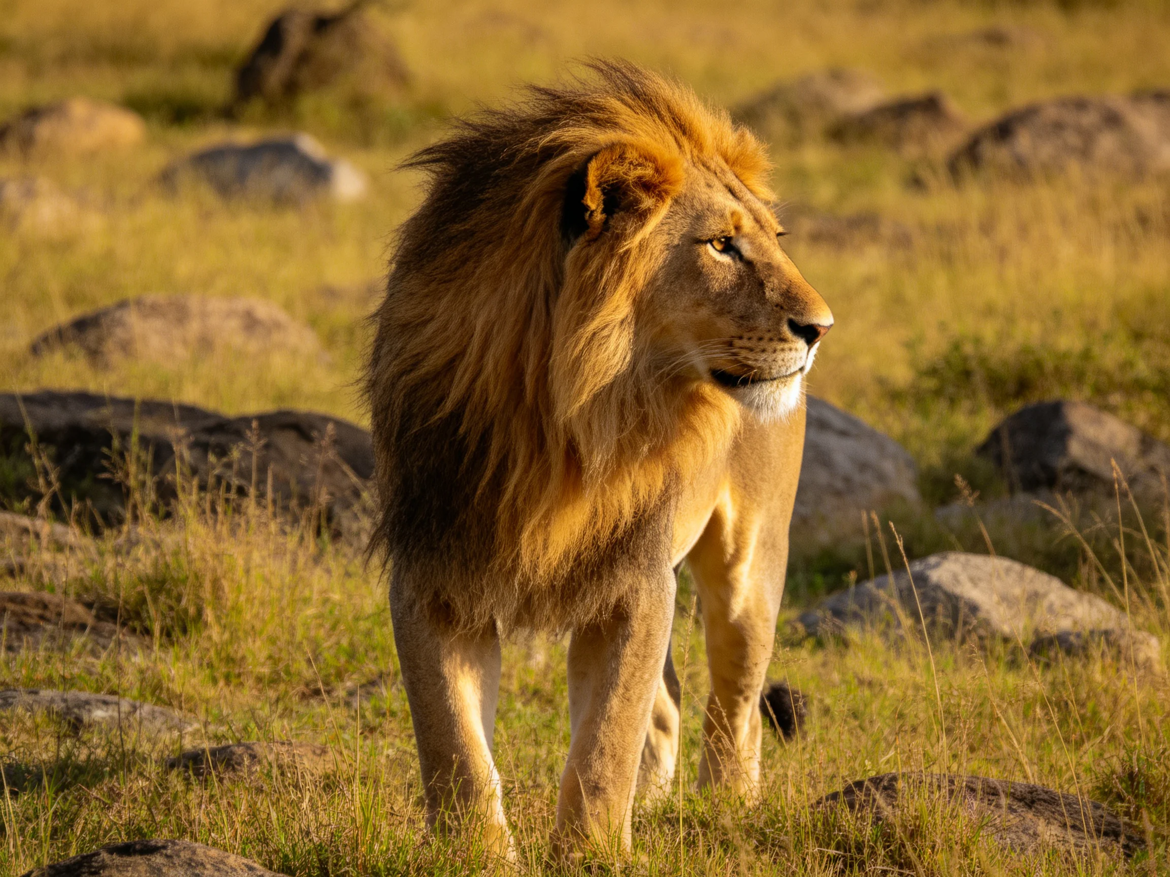 A robust male lion roams through rocky savannah with golden grasses