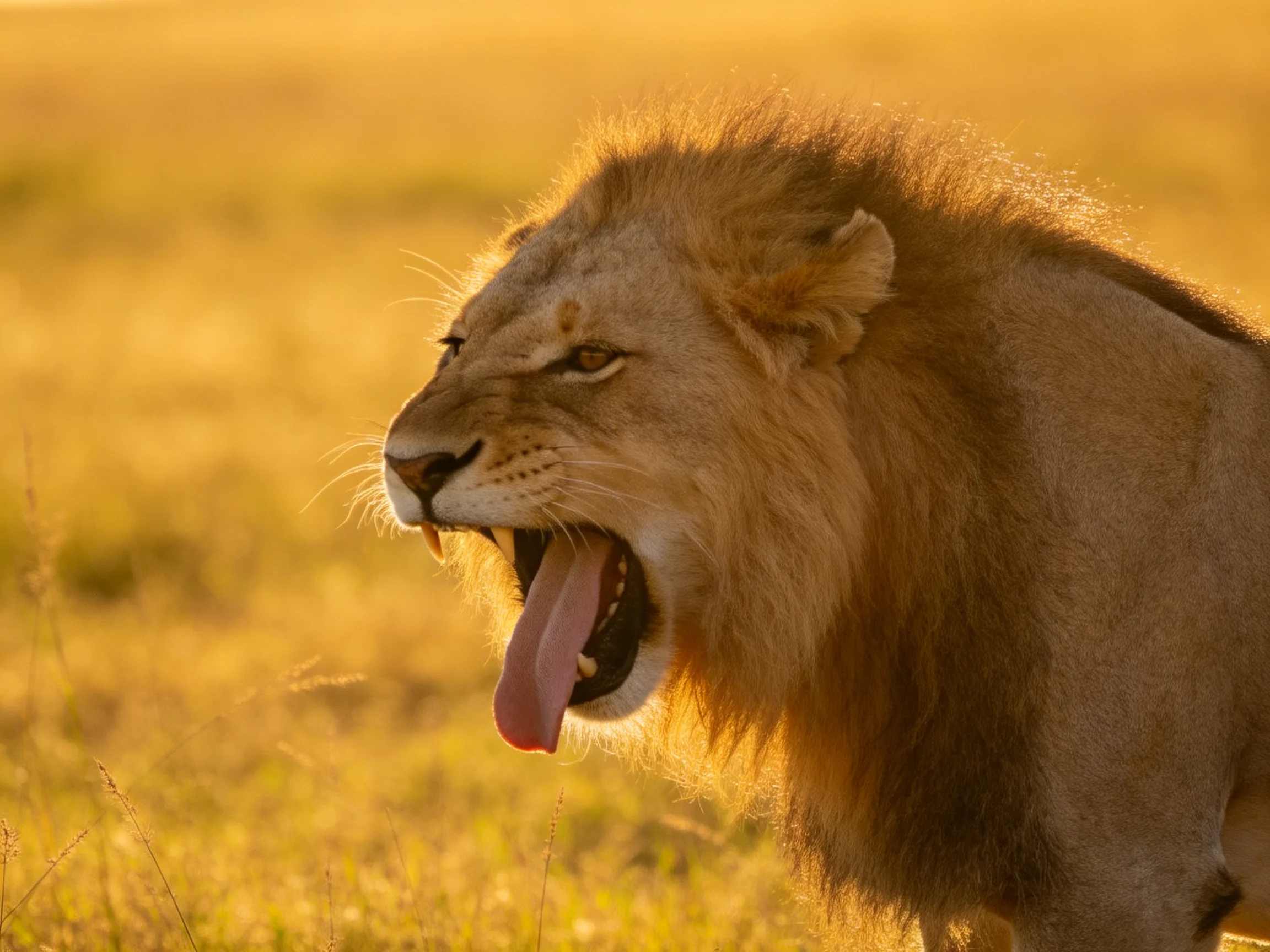 A robust male lion roars in golden savannah grasslands