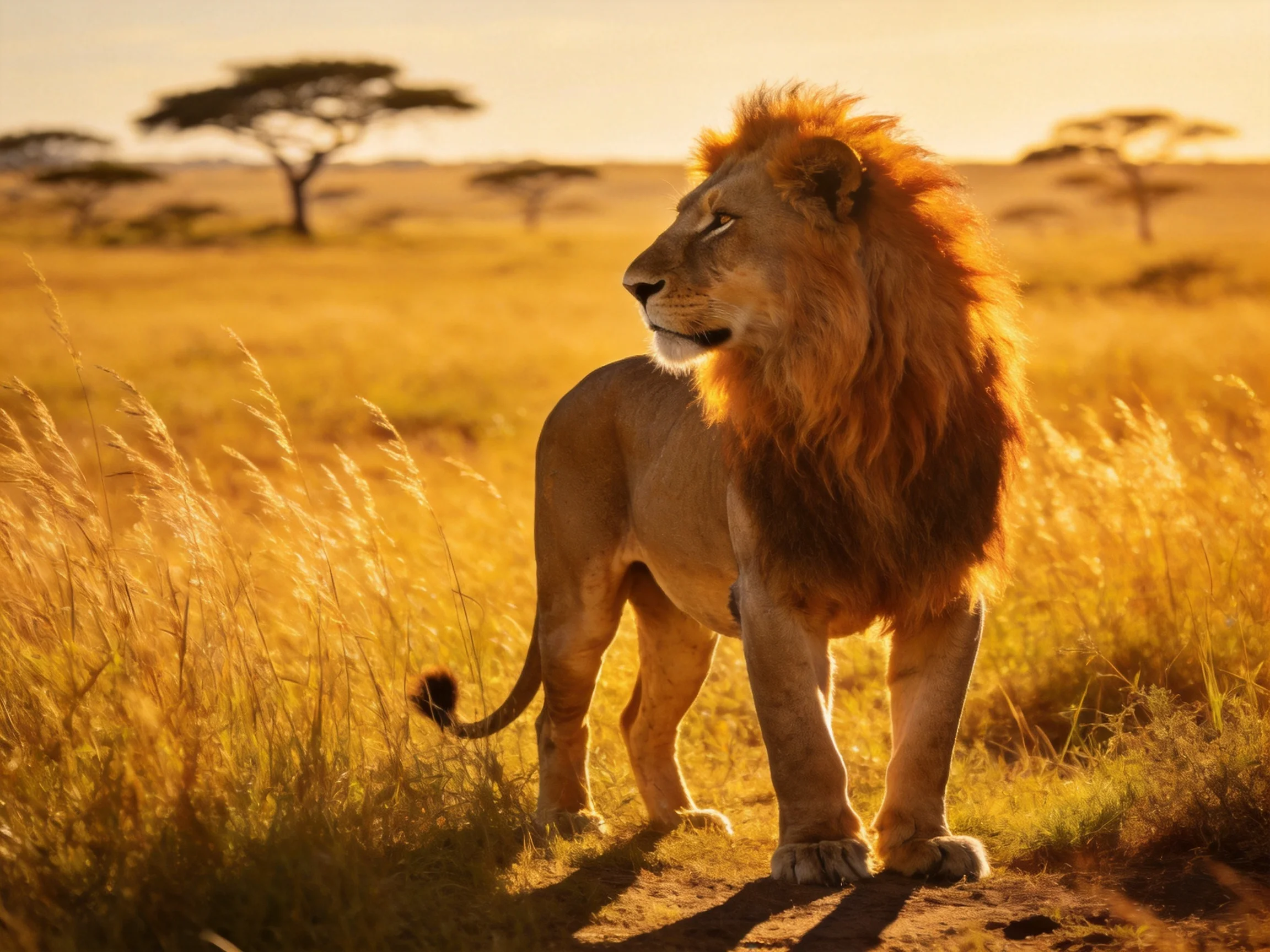 A robust male lion stands in sun-drenched golden savannah
