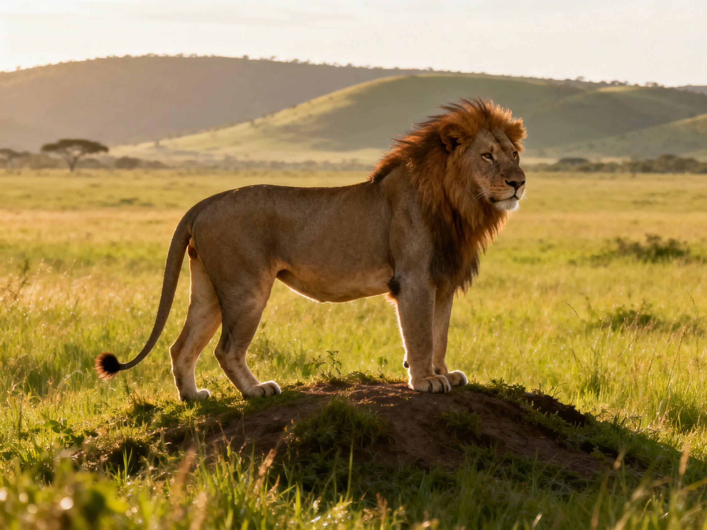 A robust male lion stands on a mound in a sunlit savannah