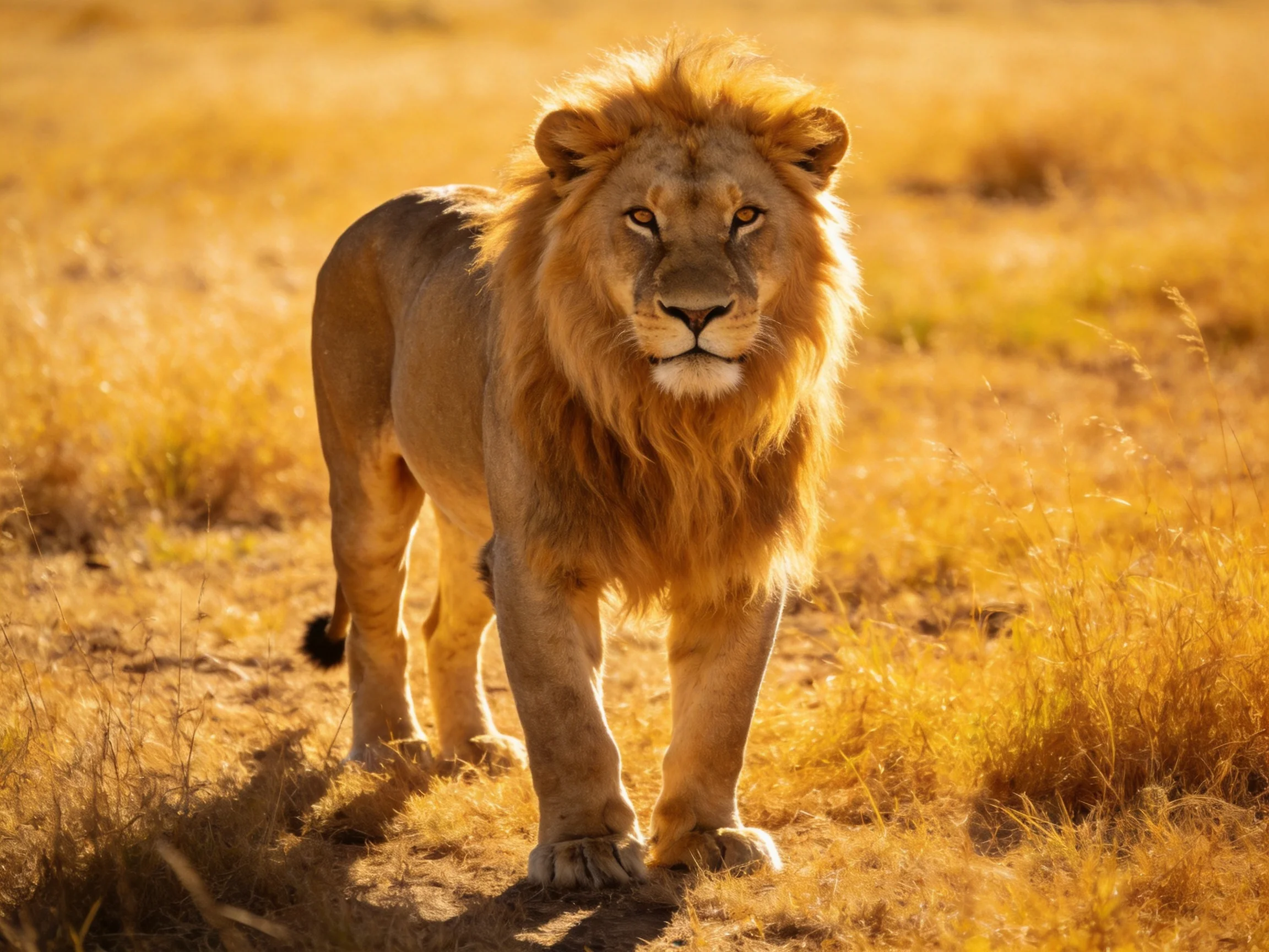 A robust male lion with a thick mane roams golden savannah under bright sunlight