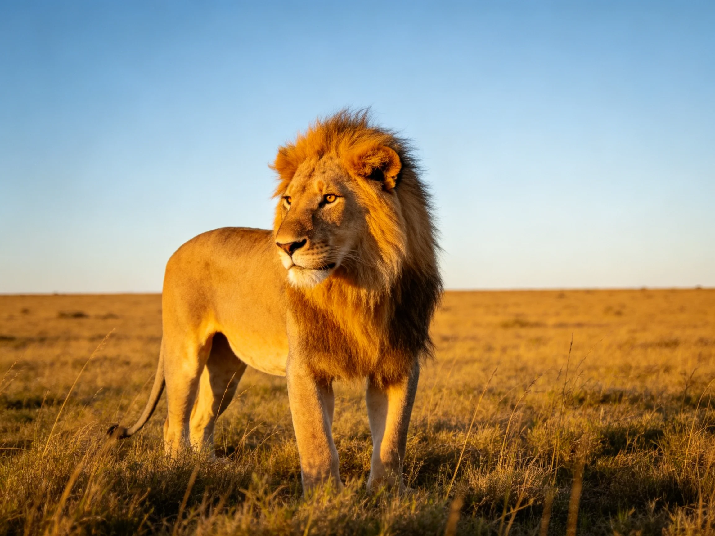 A robust male lion with a thick mane stands on golden savannah under clear blue sky