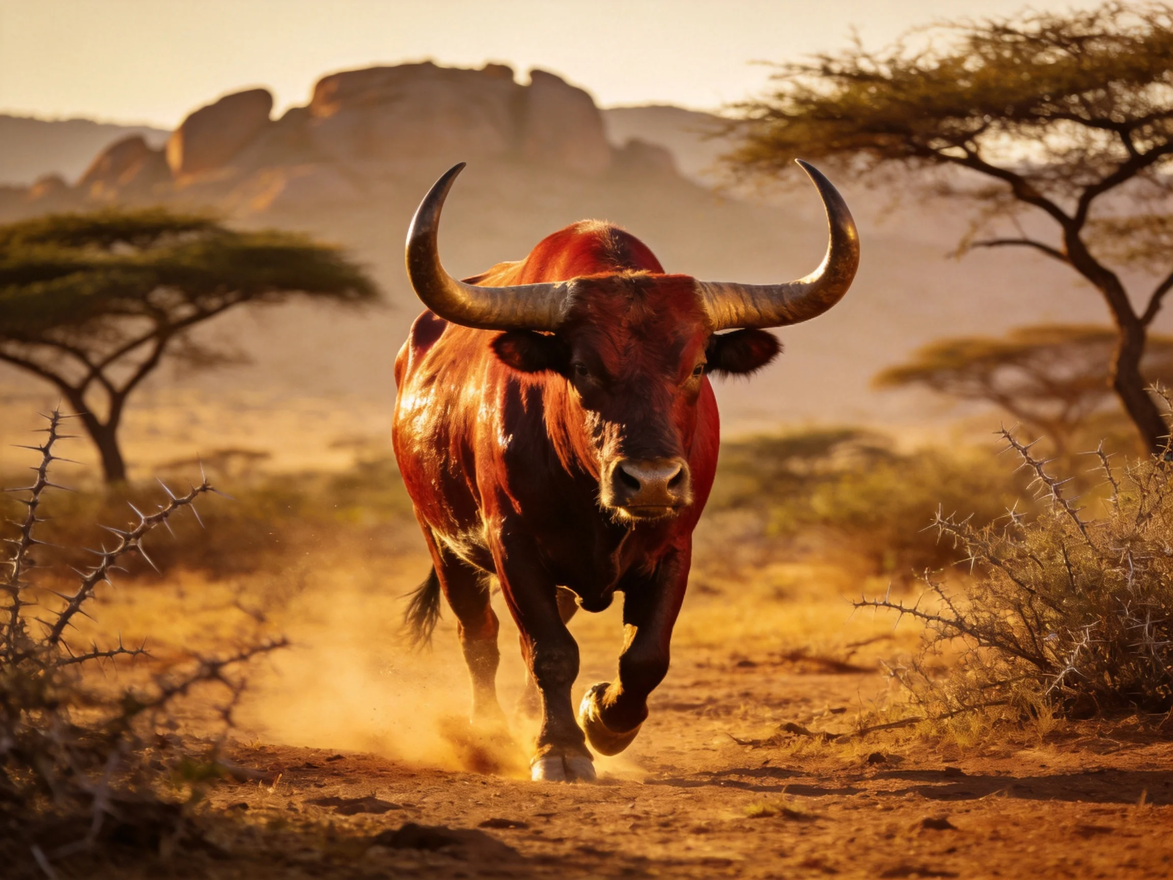 A robust reddish-brown bull charges through golden savannah terrain