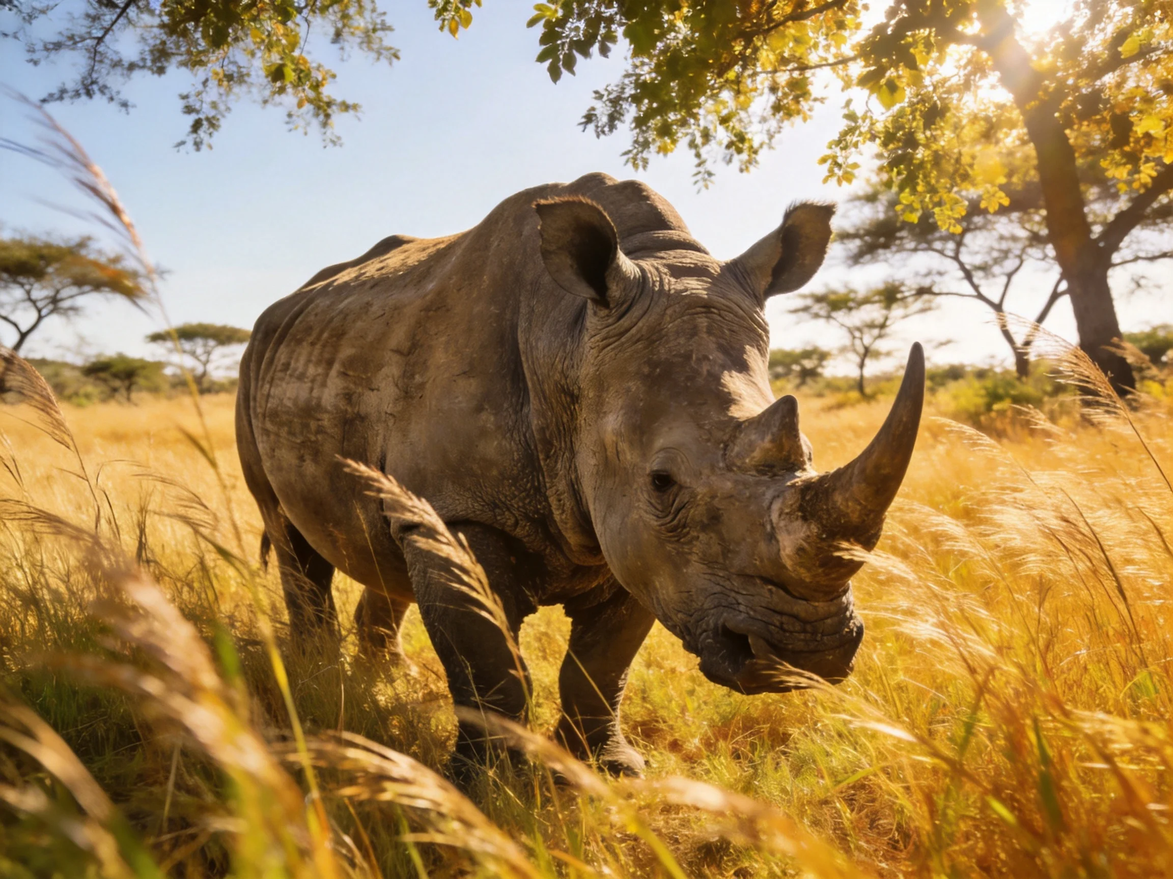 A robust rhinoceros amid golden savannah grassland under