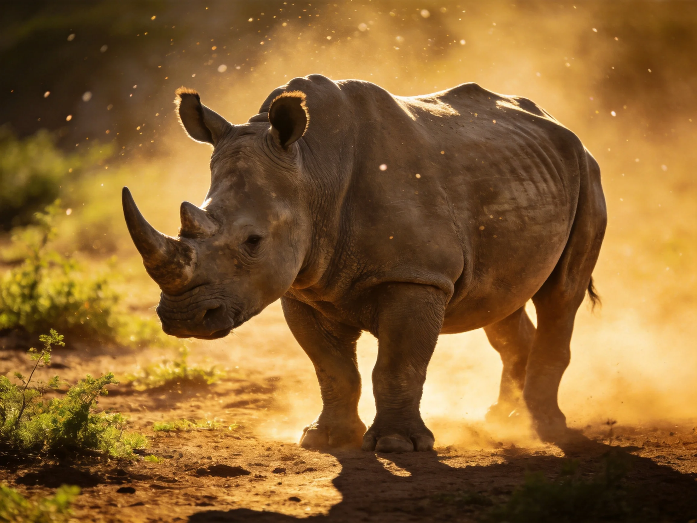 A robust rhinoceros moving through golden dust in a sunlit landscape