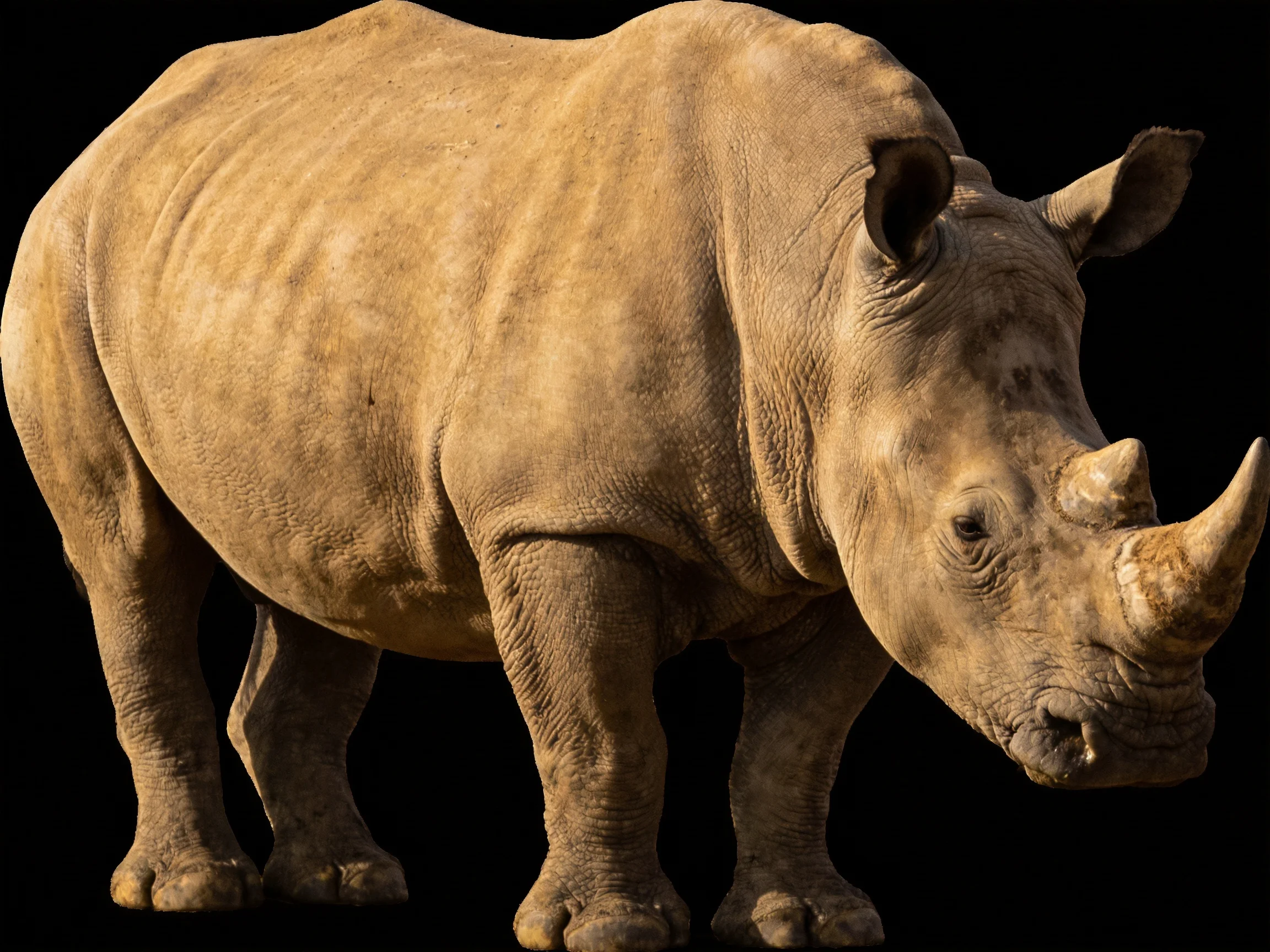 A robust tan rhinoceros with prominent horn on black backdrop