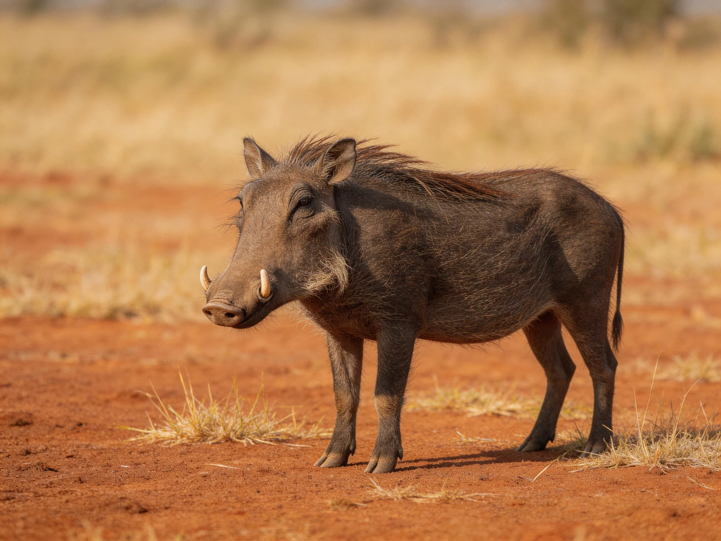 A robust warthog stands on reddish earth amid dry savannah vegetation